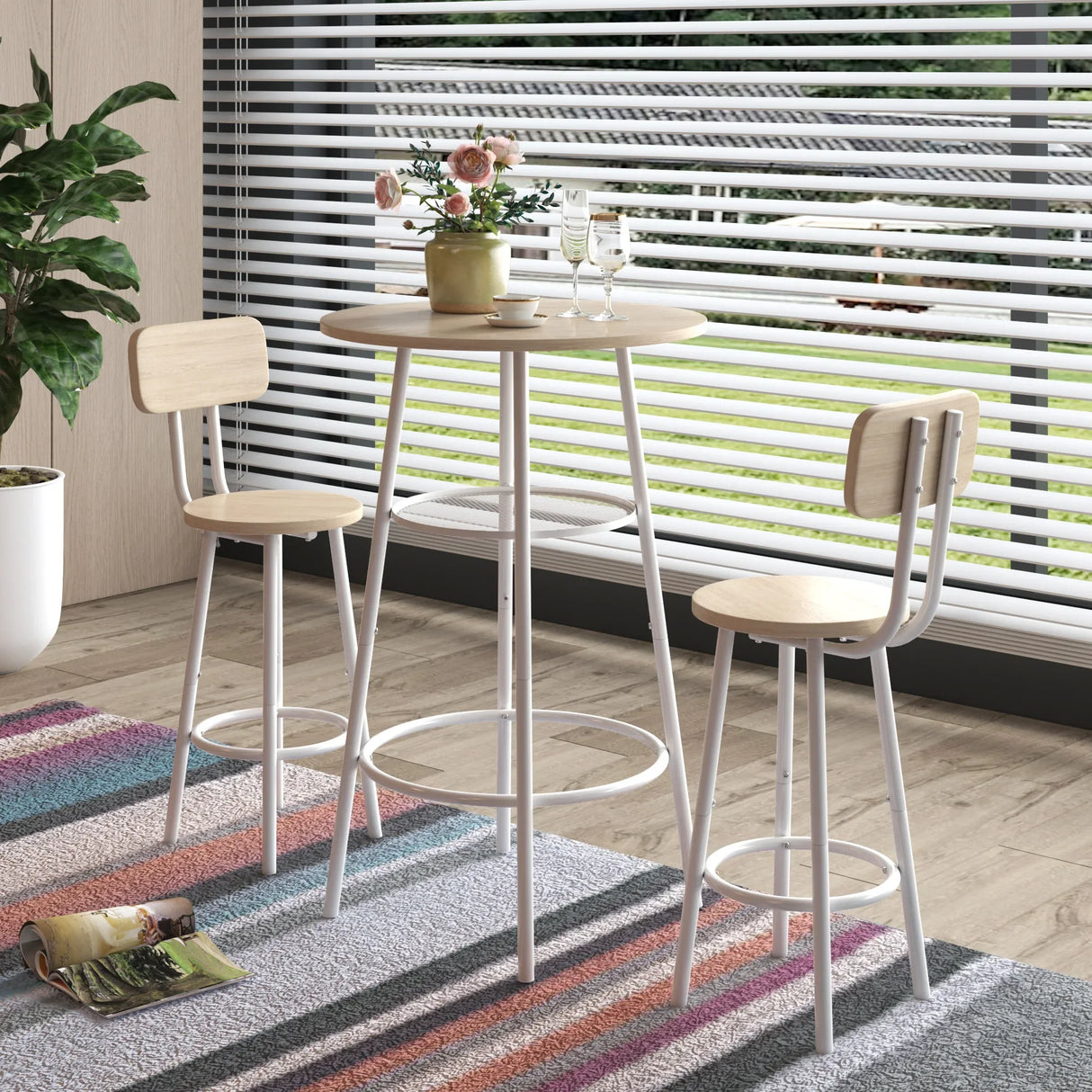 3-Piece White Oak MDF Dining Table Set With Stools - Omega Lifestyles