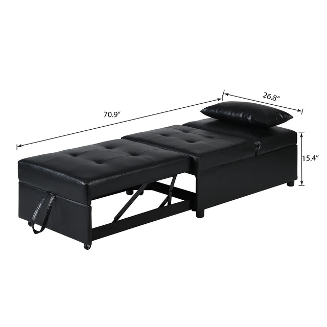 Black Leather Folding Multifunctional Space-Saving Ottoman Sofa Bed - Omega Lifestyles