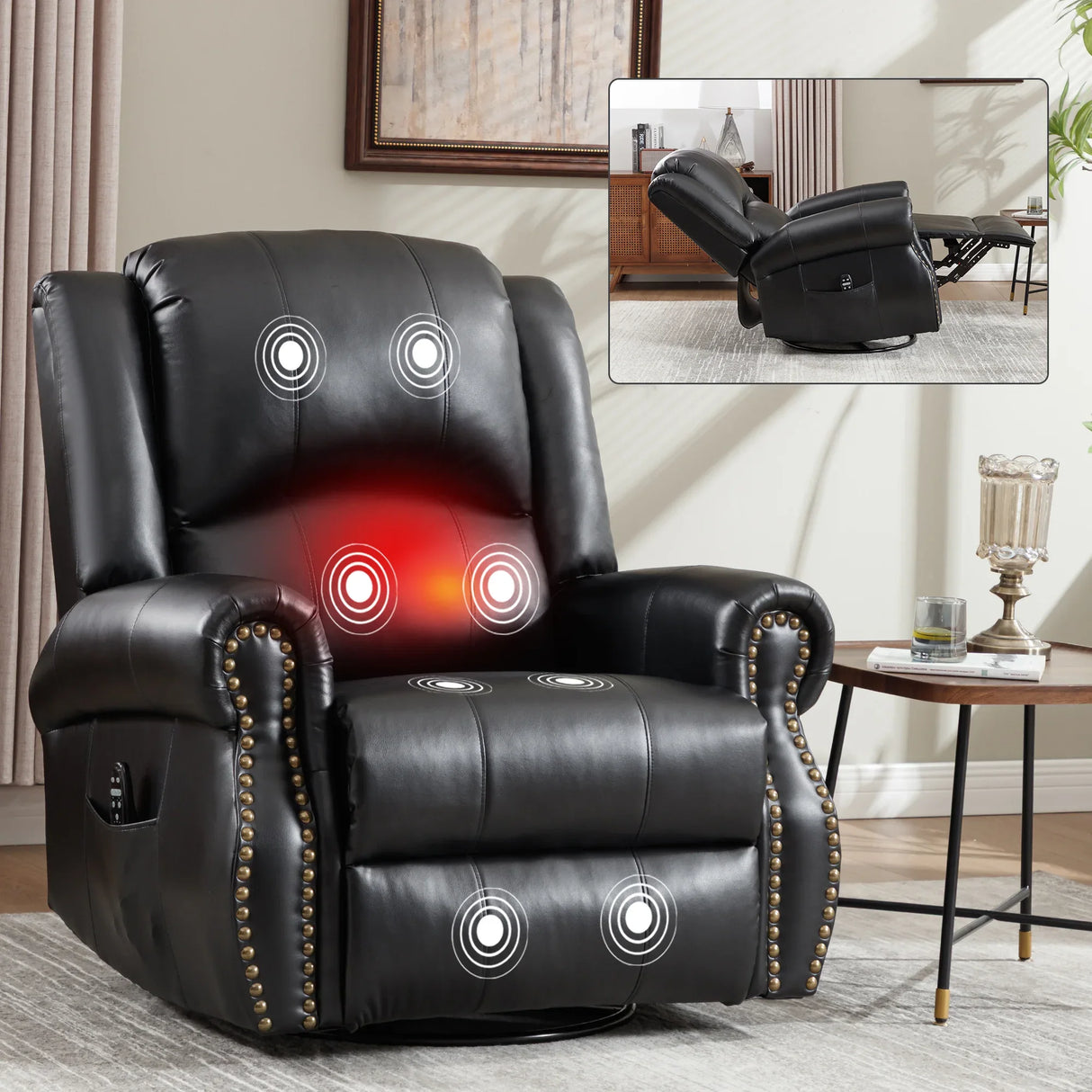 Heat Massage Faux Leather Swivel Rocking Recliner Chair - Omega Lifestyles