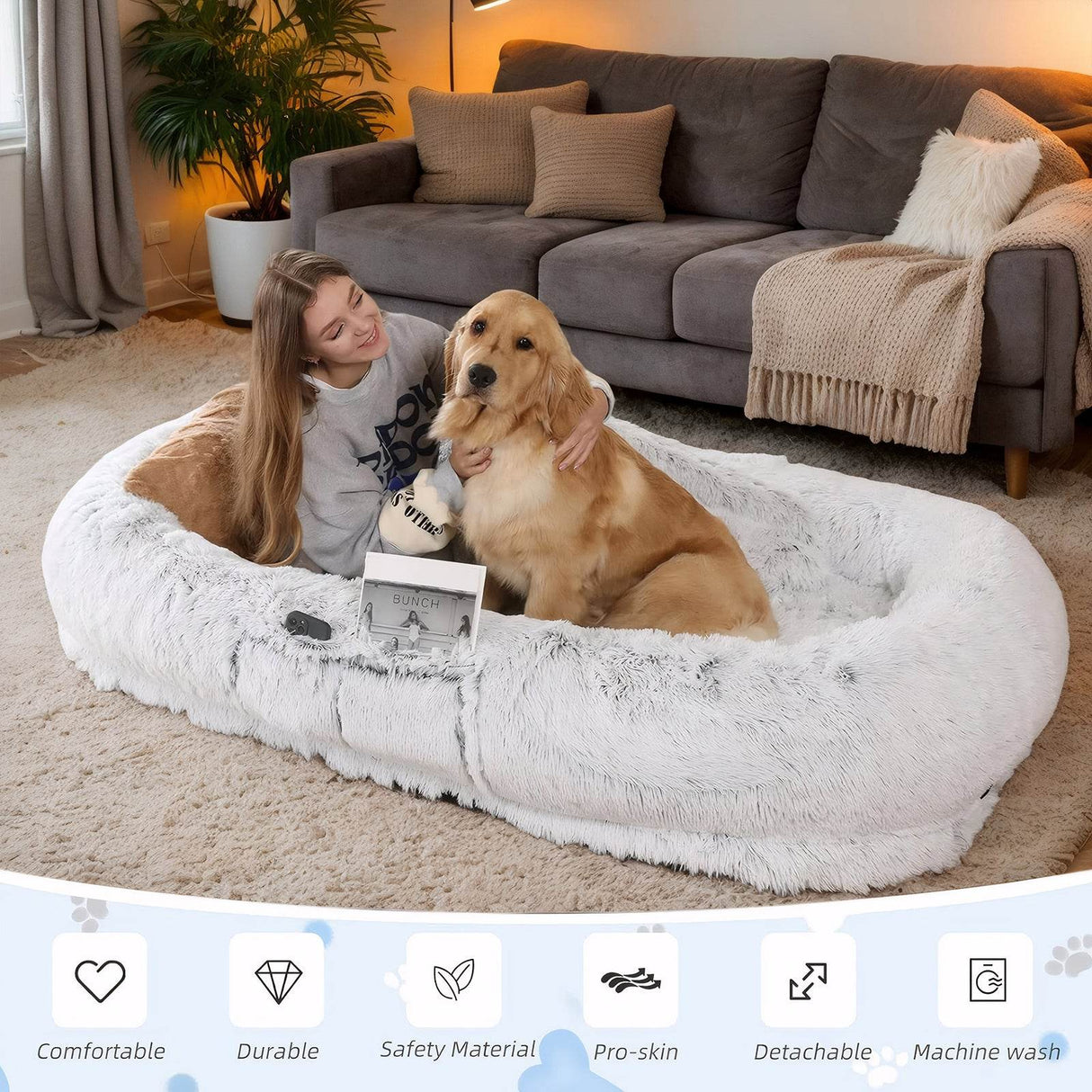 Orthopedic Washable Faux Fur Human Dog Bed 14-Inch - Sleep Galleria