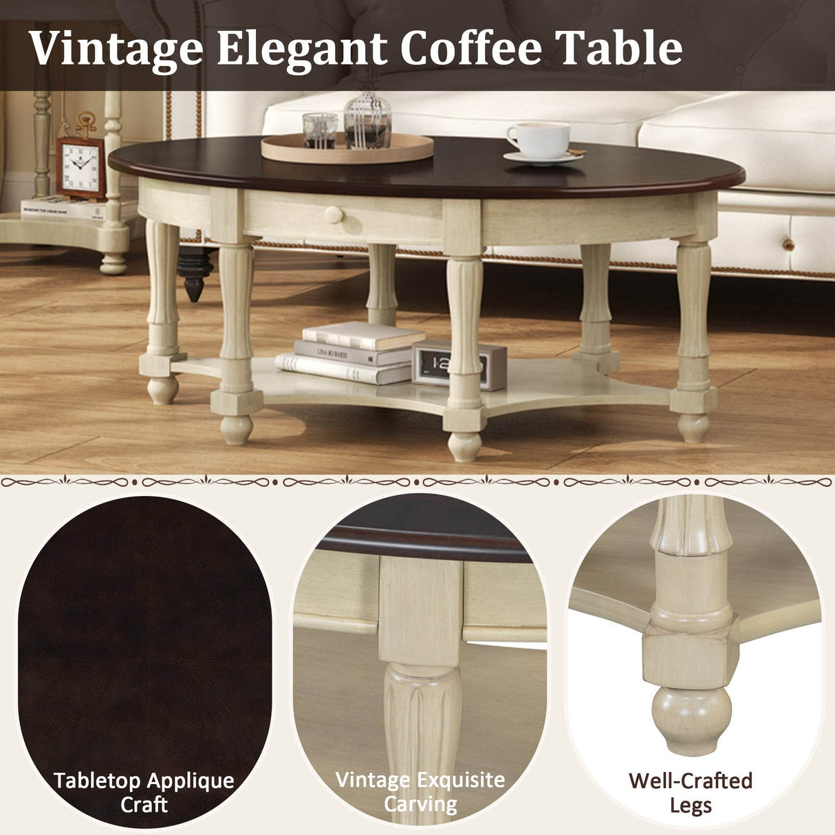 Vintage Oval Coffee Table With Drawer And Storage Shelf - Sleep Galleria