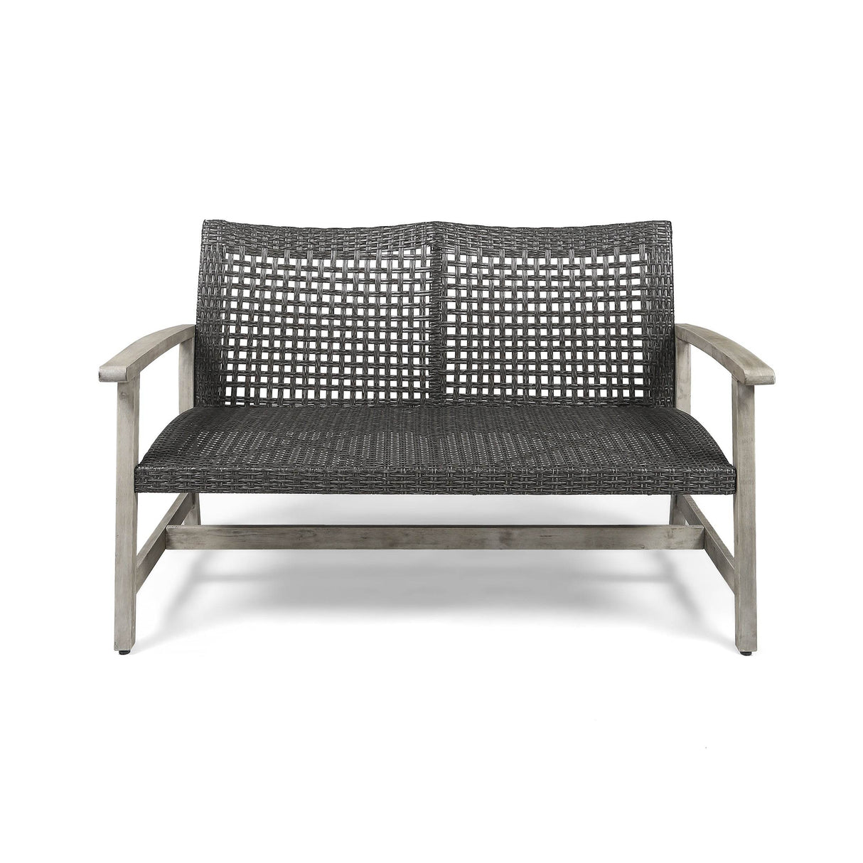 Outdoor Grey Metal Wood Wicker Loveseat