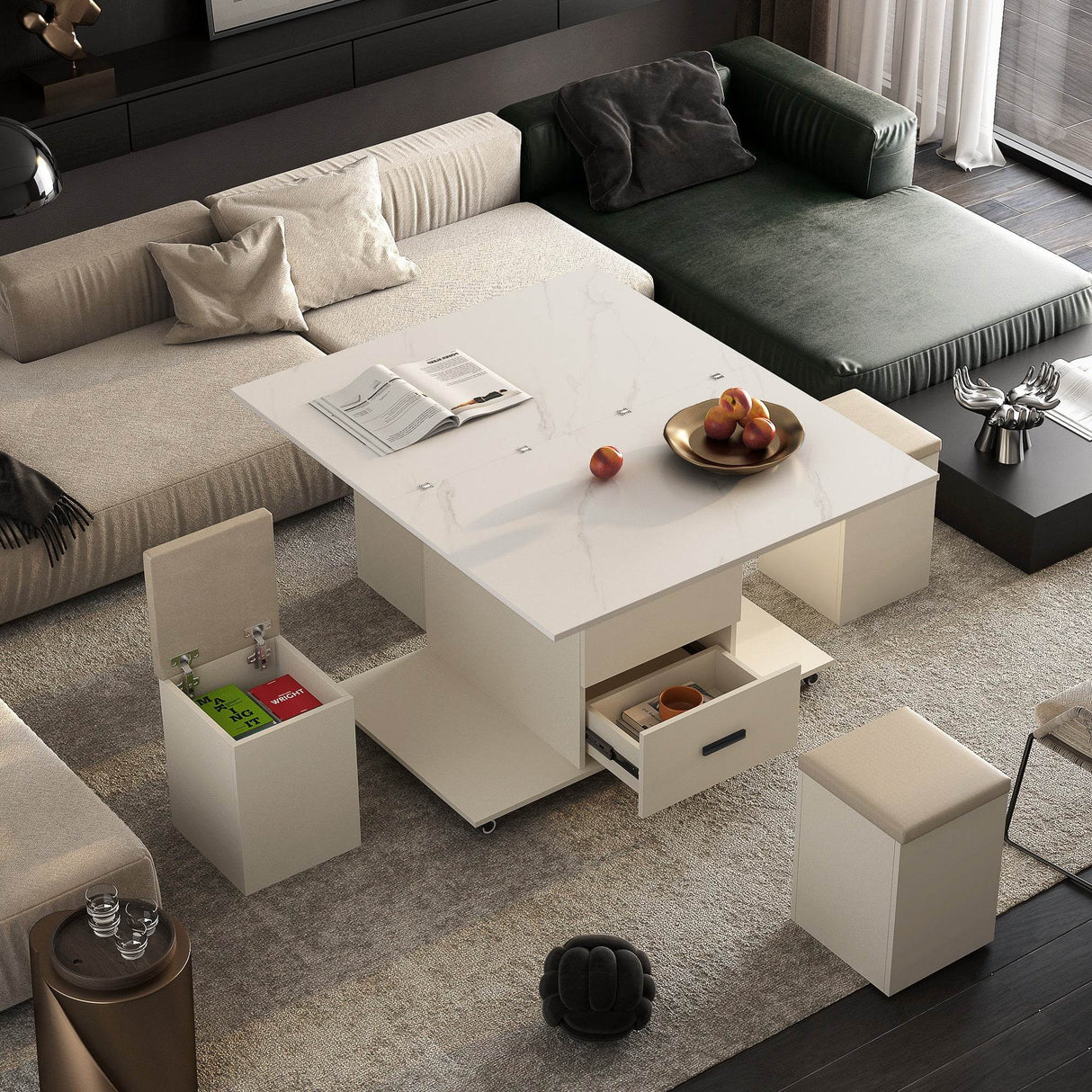 Modern Lift-Up Coffee Table With Storage And Four Stools - Sleep Galleria