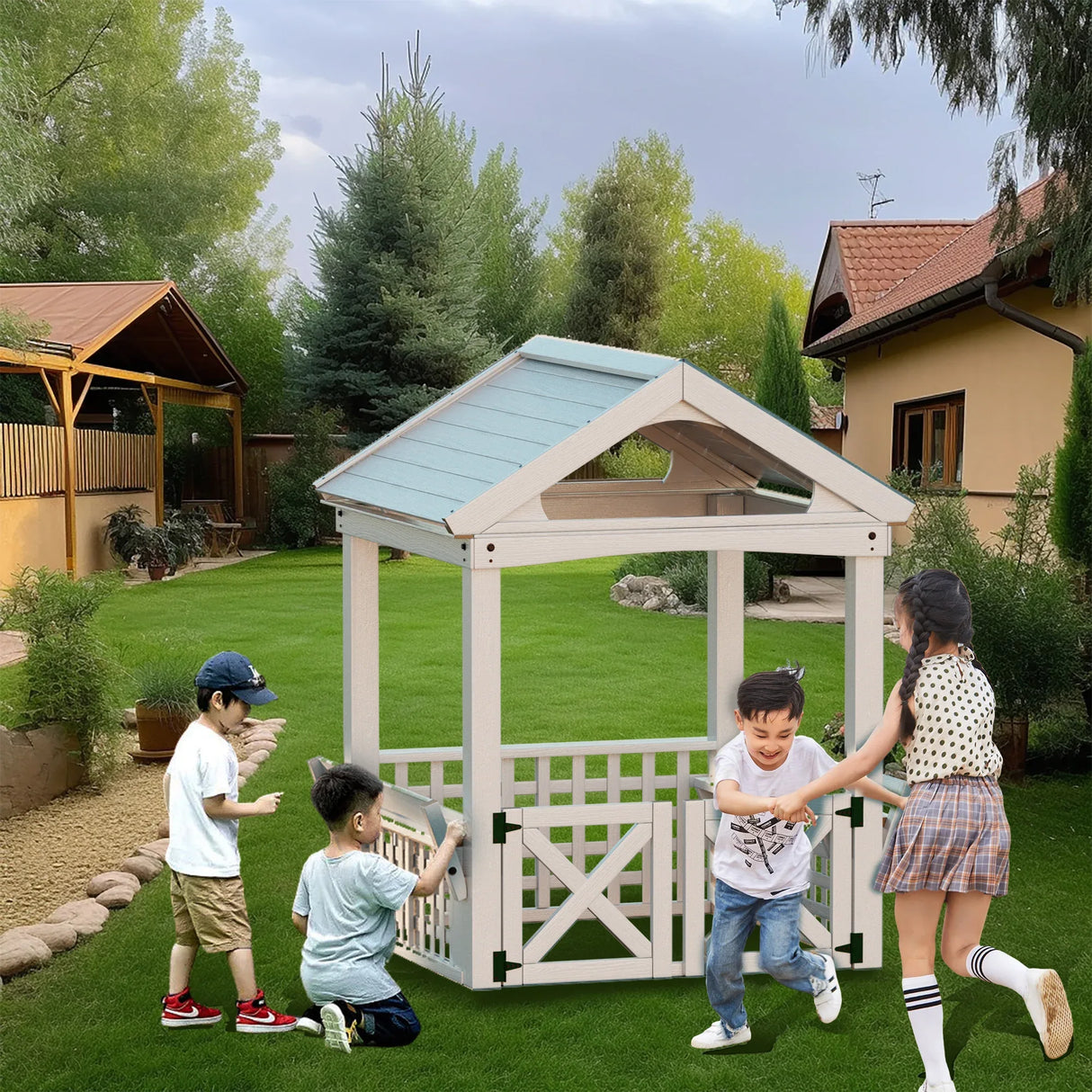 Outdoor Wooden Kids Playhouse With Bench and Door - Omega Lifestyles