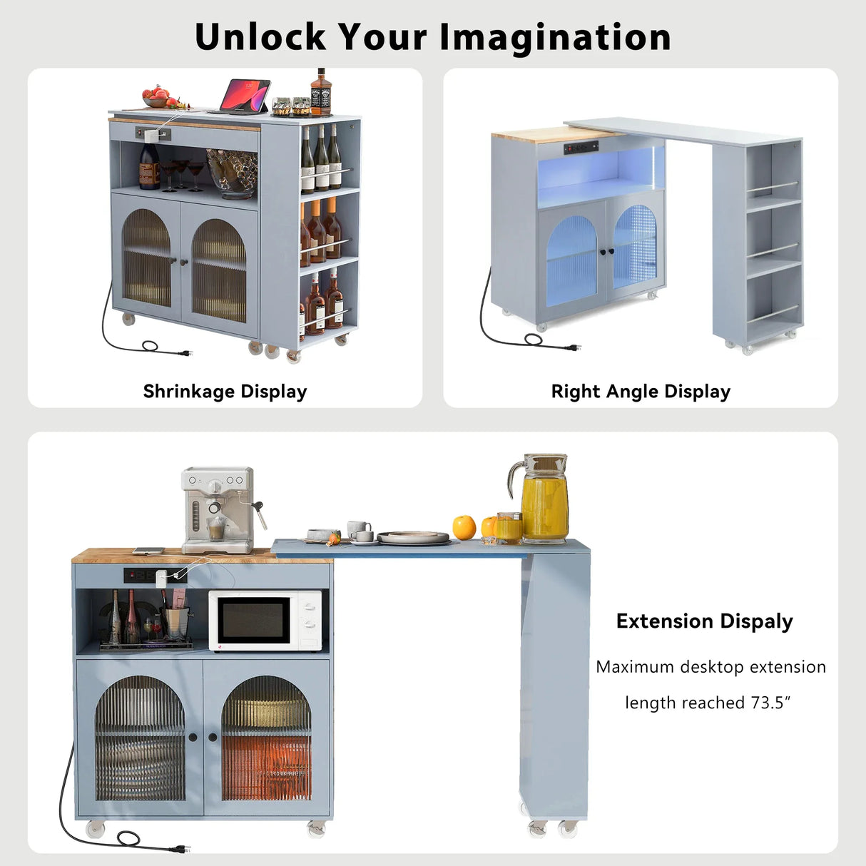 Rolling Kitchen Island With Extended Table Power Outlets LED Lights - Omega Lifestyles