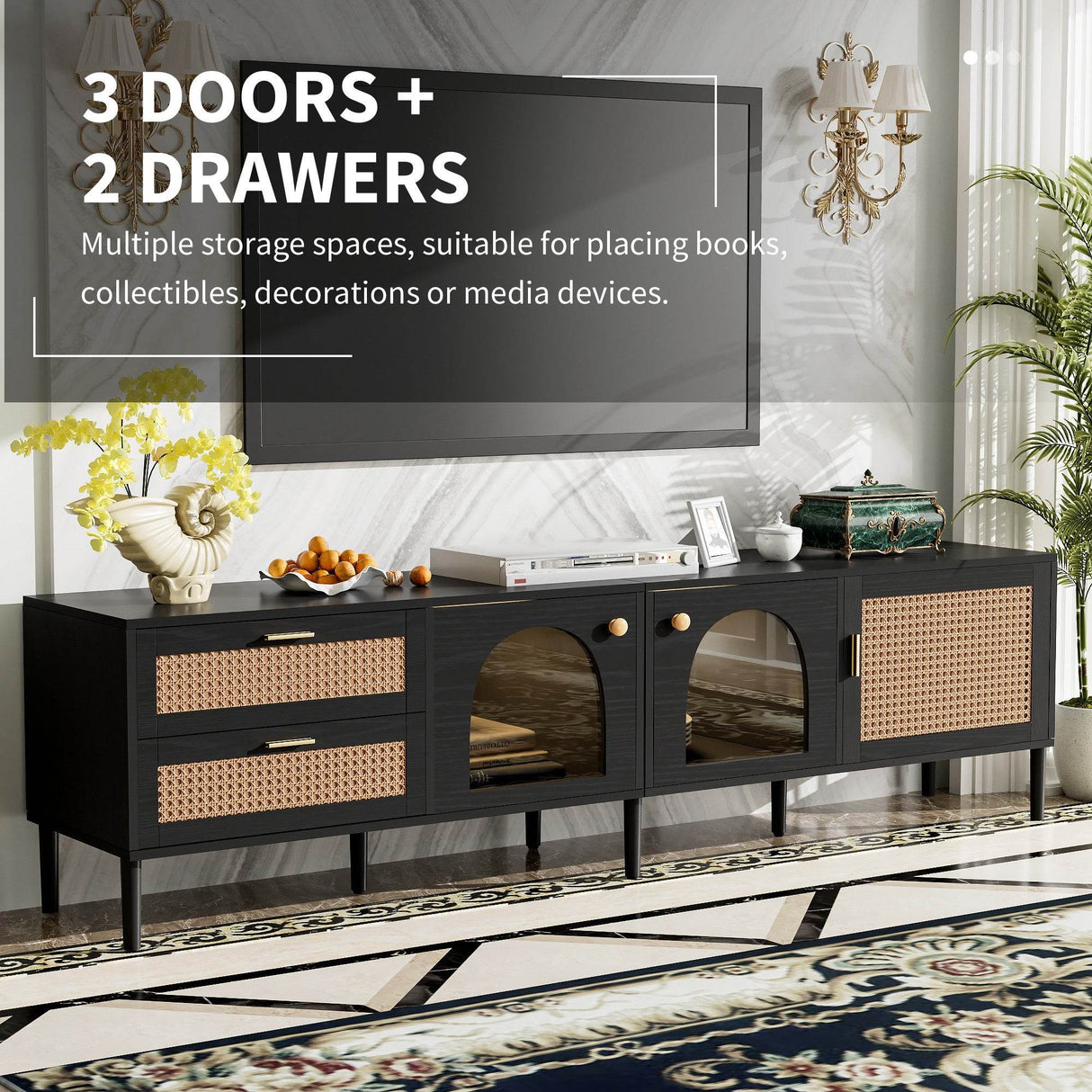 Modern Rattan-Inspired TV Stand With Storage Cabinets - Sleep Galleria