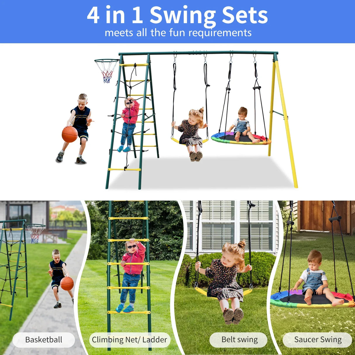Kids Outdoor Steel Frame 2-Seat Swing Set Playground - Omega Lifestyles