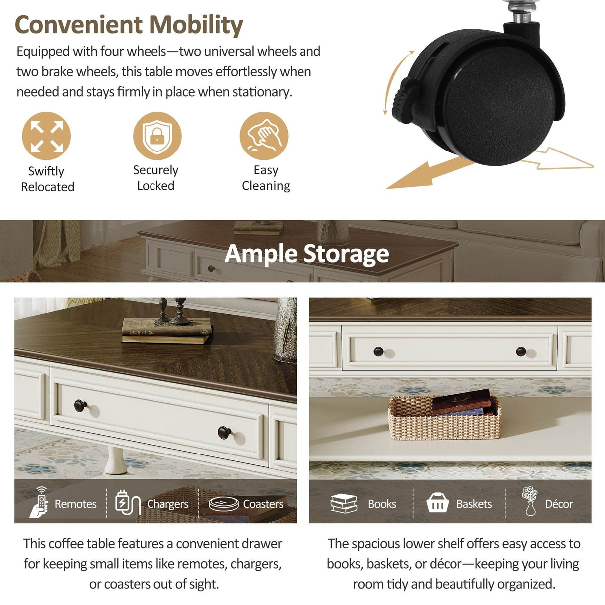 Mid-Century Farmhouse Coffee Table With Drawer Wheels - Sleep Galleria