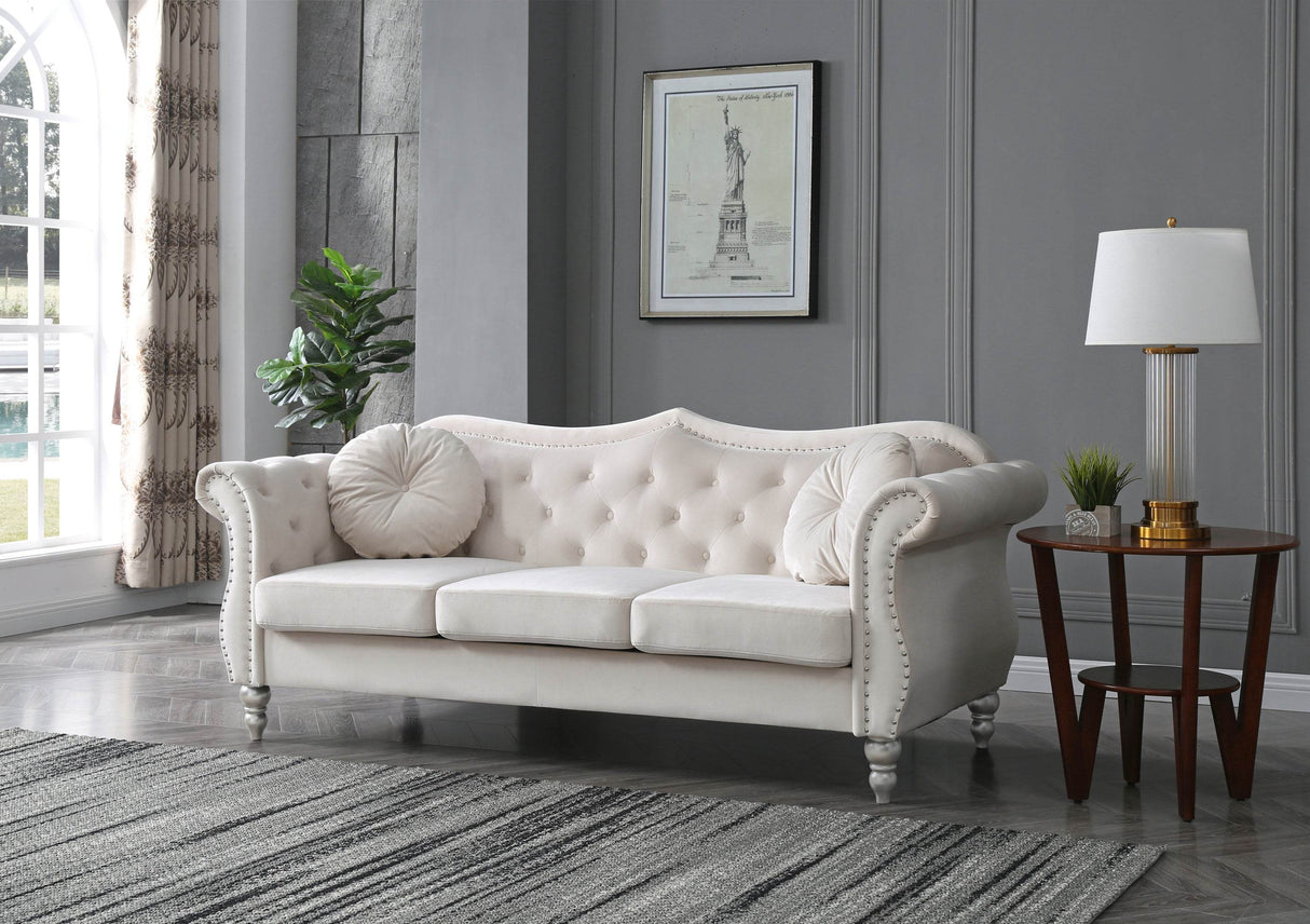 Ivory Velvet 3-Seat Tufted Sofa With Nailhead Trim - Omega Lifestyles