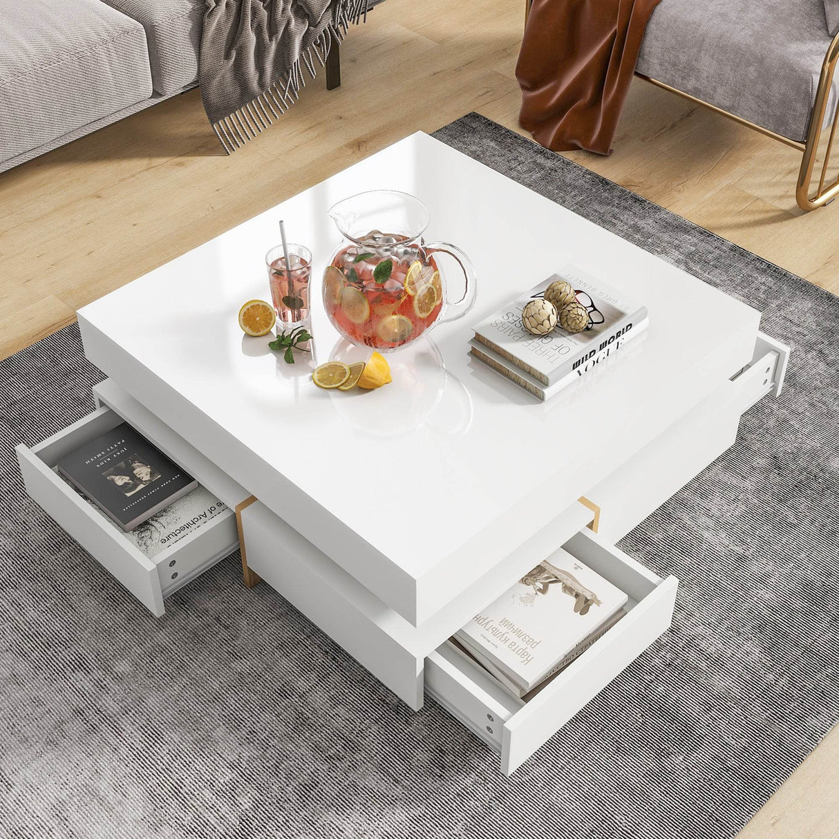 Modern High Gloss White Coffee Table With Drawers - Sleep Galleria