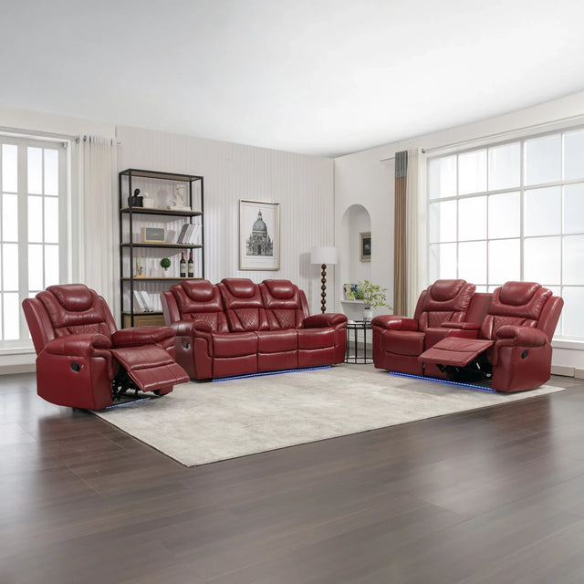Wine Red Faux Leather Manual Recliner Sofa Set With LED Strip - Omega Lifestyles