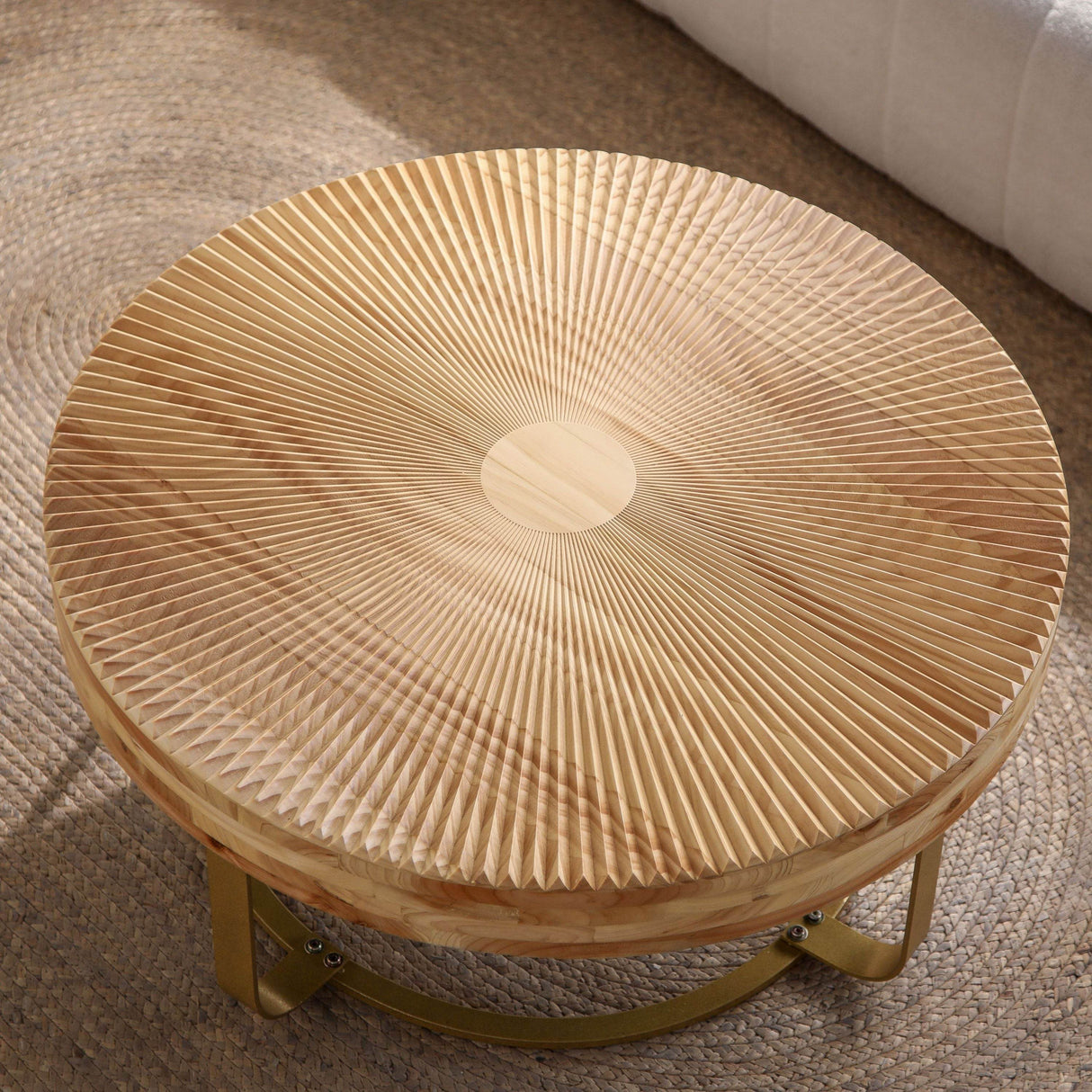 Modern Round Carved Pine Wood Coffee Table - Sleep Galleria