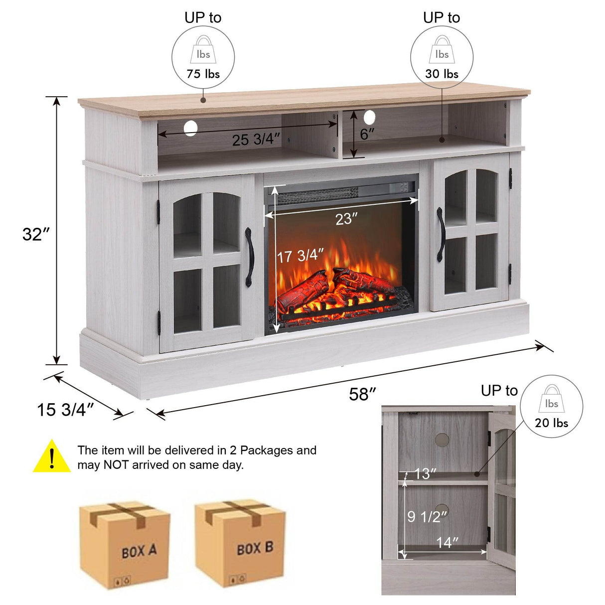 58-Inch Jasmine White Electric Fireplace TV Stand - Sleep Galleria