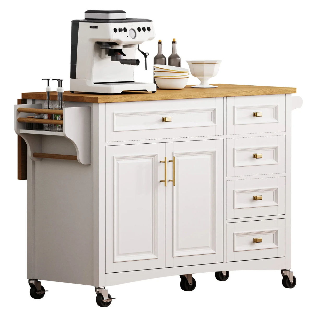 Classic Vintage Embossed White Kitchen Island On Wheels - Omega Lifestyles
