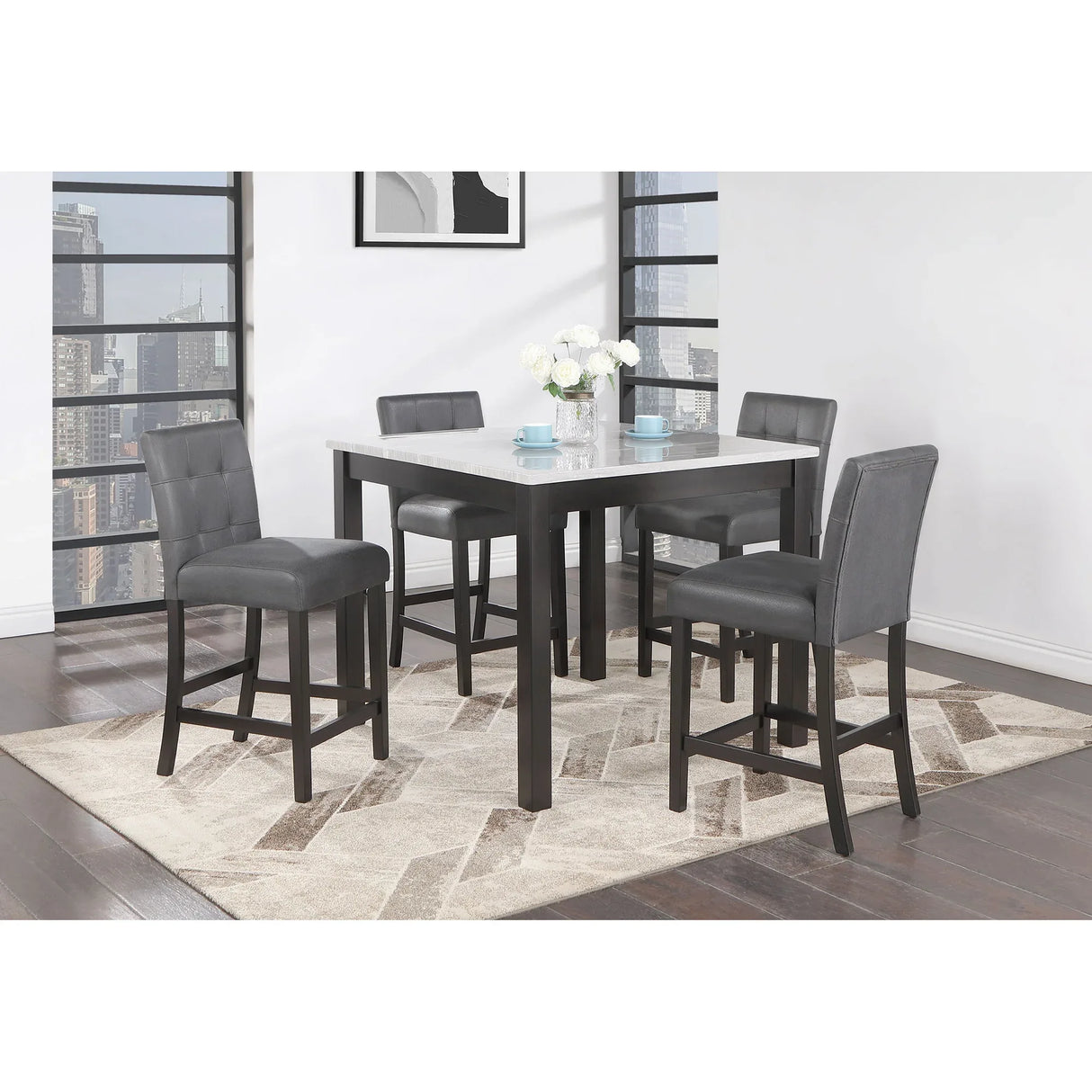 Transitional Casual Solid Wood Dining Table With 4 Stools Set - Omega Lifestyles