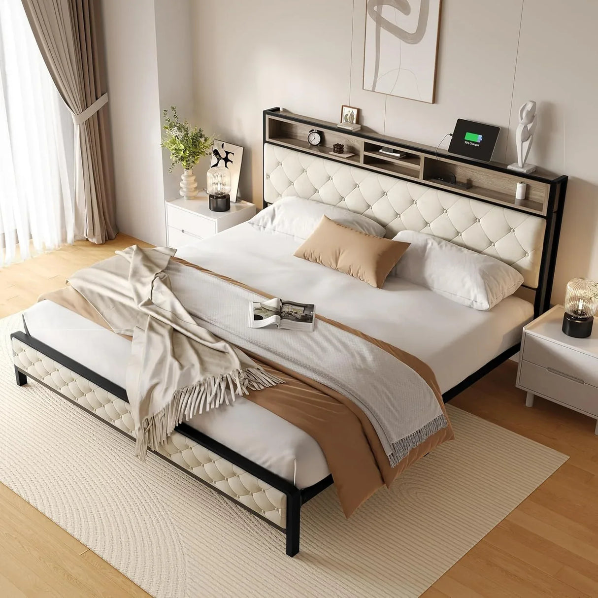 King Size Platform Bed Frame With Charging Station - Omega Lifestyles