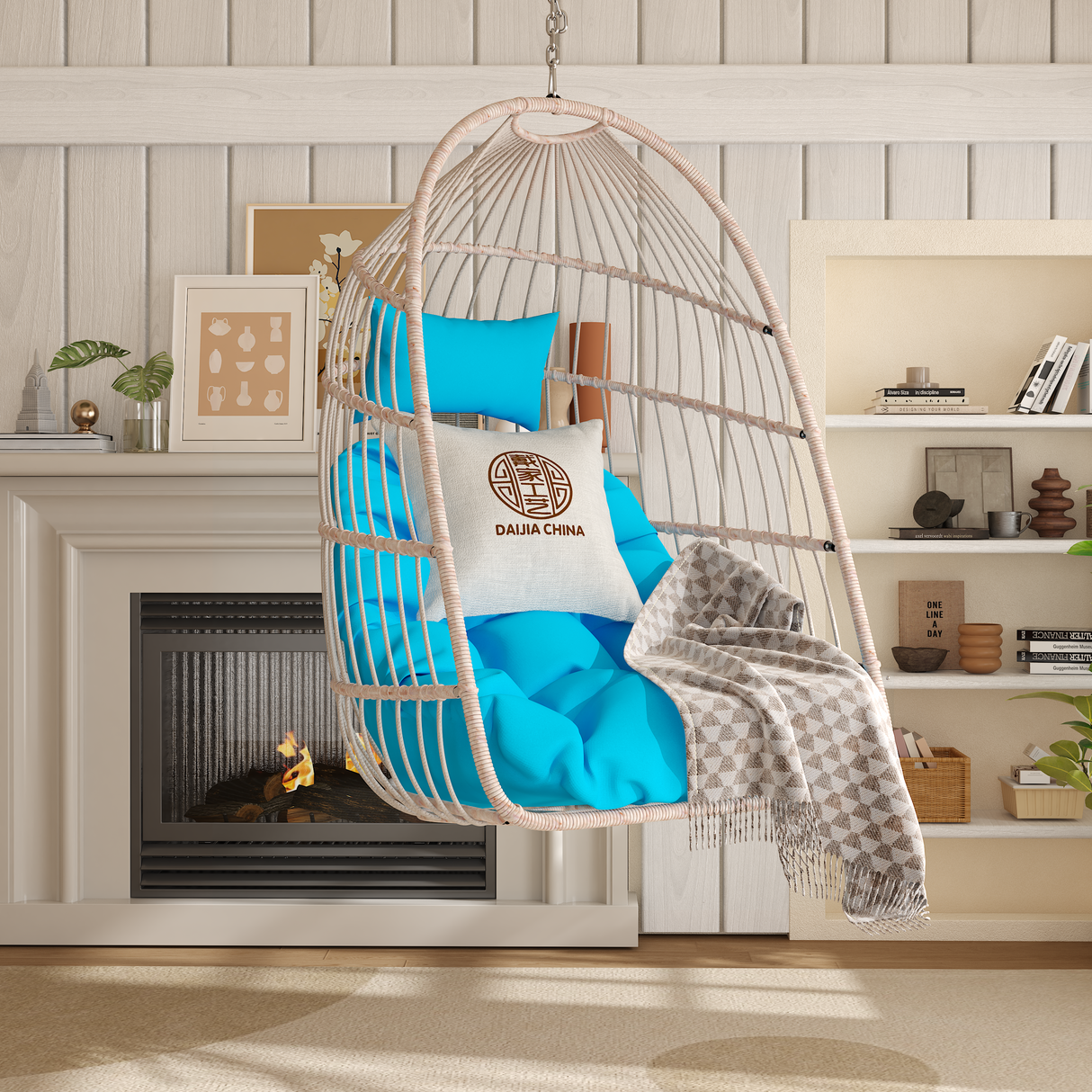 Outdoor Fold-Away Blue Resin Wicker Egg Swing Chair
