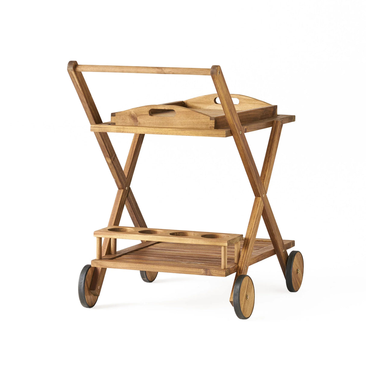 Natural Stained Acacia Wood Mobile Bar Cart With Wheels - Omega Lifestyles