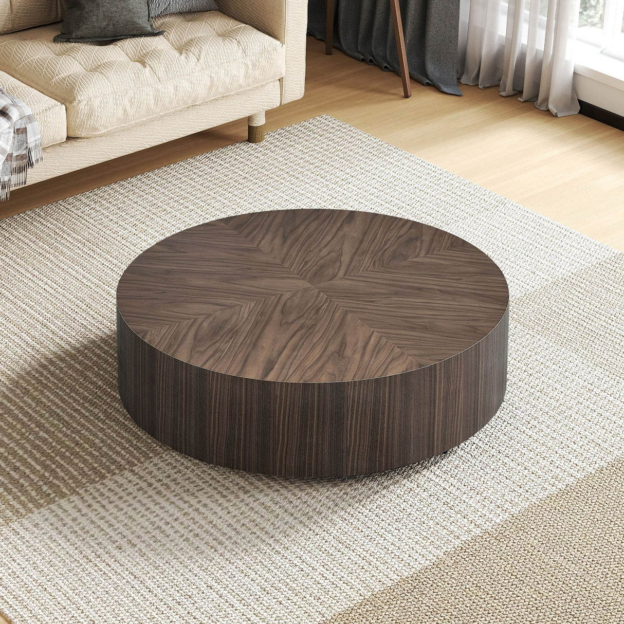 Modern Round Walnut MDF Pedestal Coffee Table 35 Inch - Sleep Galleria