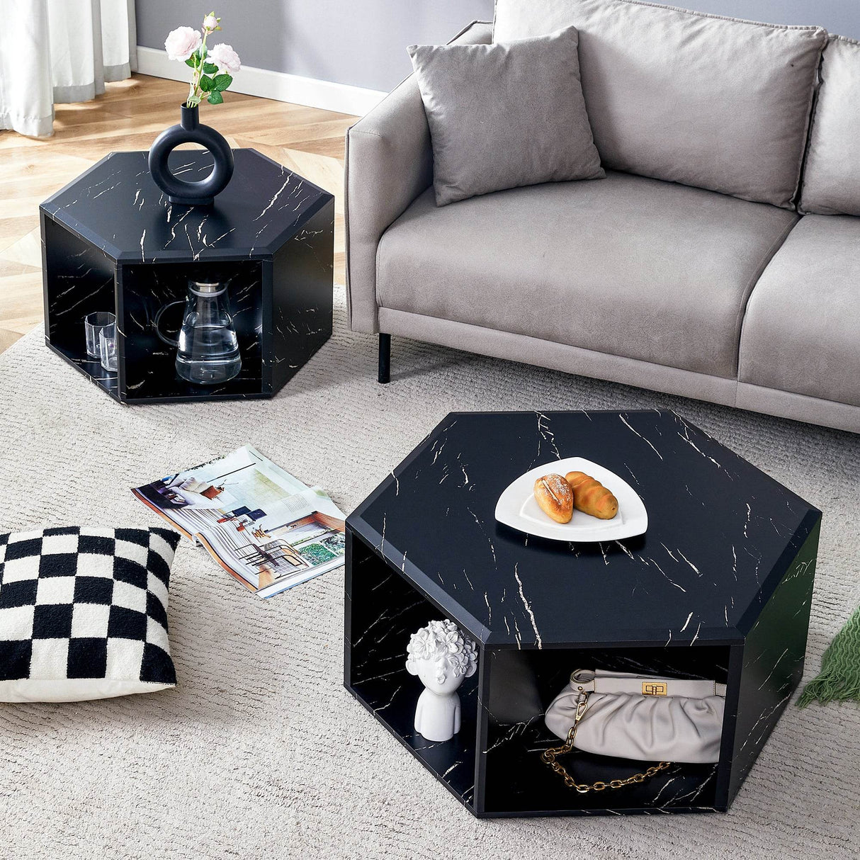 Set Of 2 Modern Minimalist Black Hexagonal Coffee Tables - Sleep Galleria