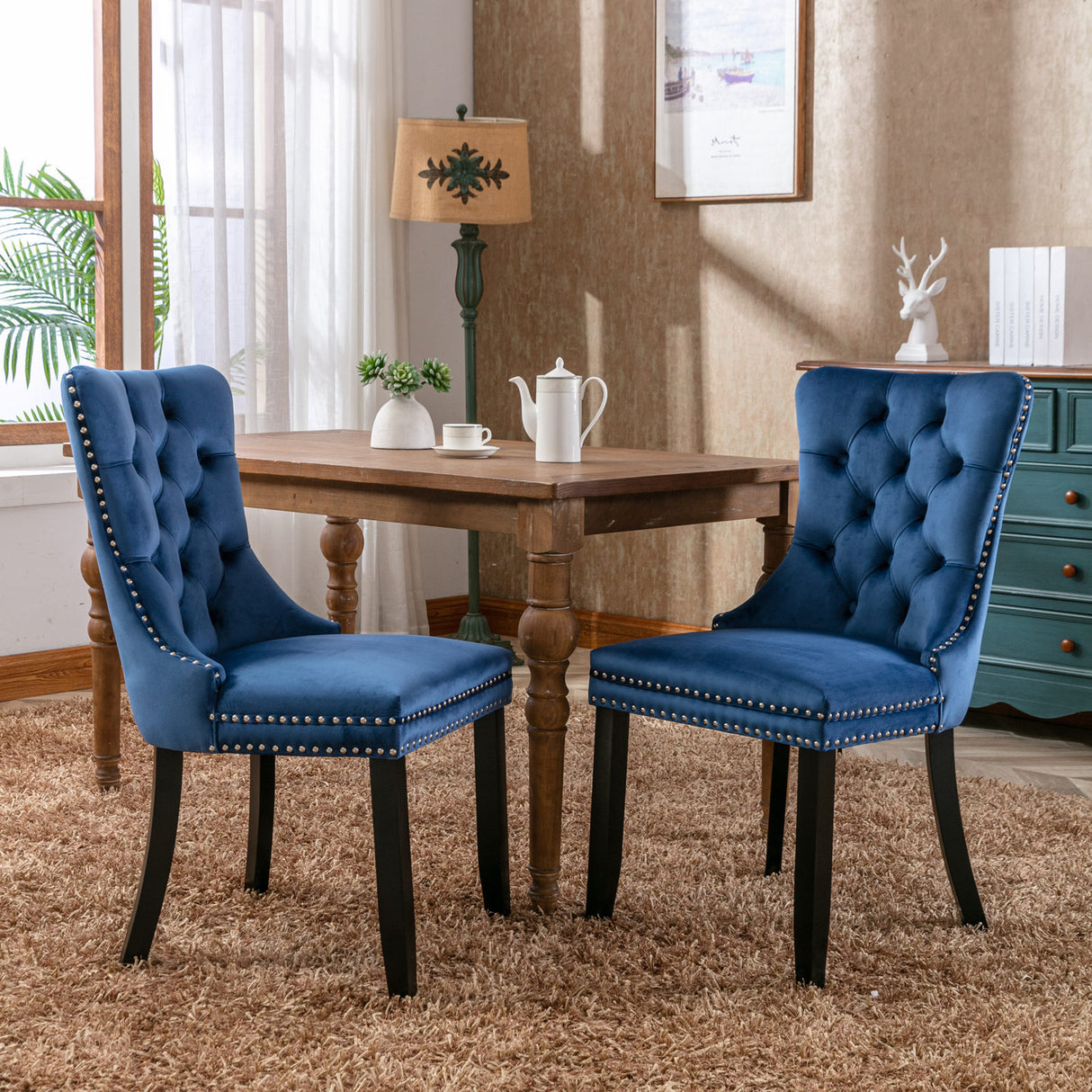 Set of 2 Modern Velvet Upholstered High Back Dining Chairs