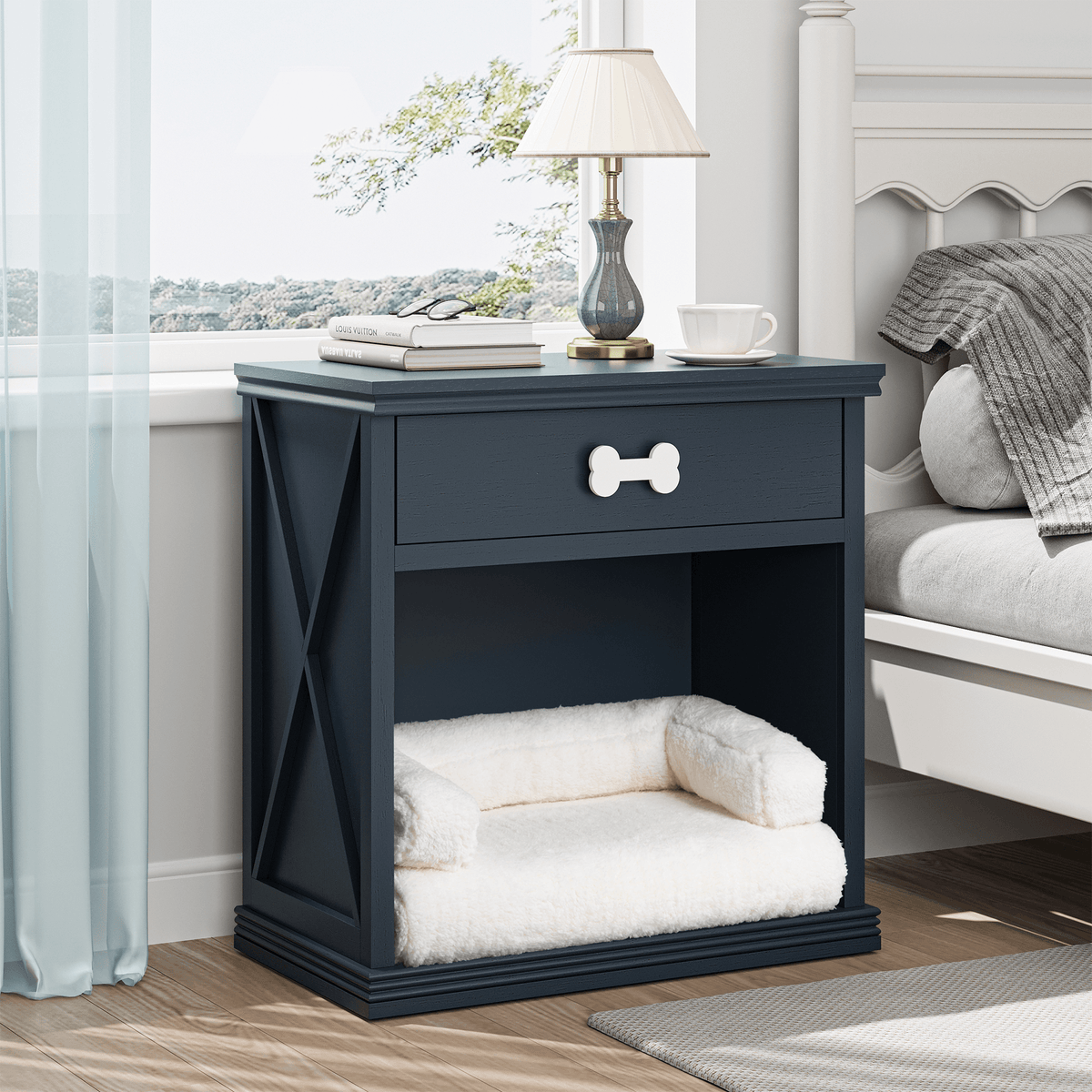 Vintage Blue Wood Pet Furniture Storage Cabinet With Light - Sleep Galleria