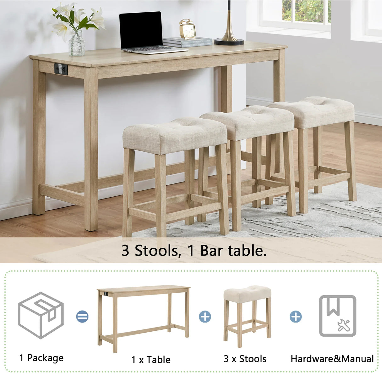 4-Piece Light Oak Bar Table Set With Power Outlet - Omega Lifestyles