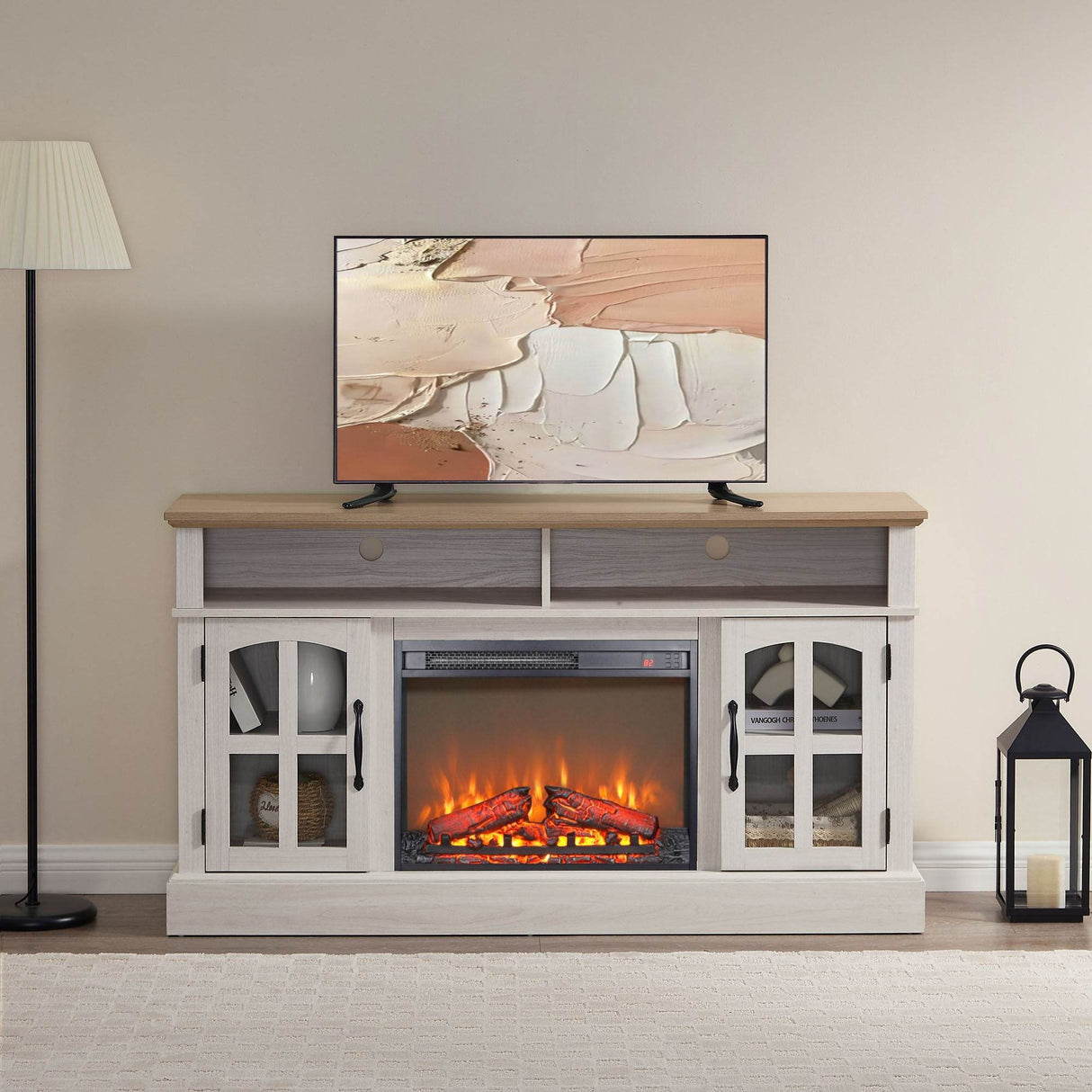58-Inch Jasmine White Electric Fireplace TV Stand - Sleep Galleria
