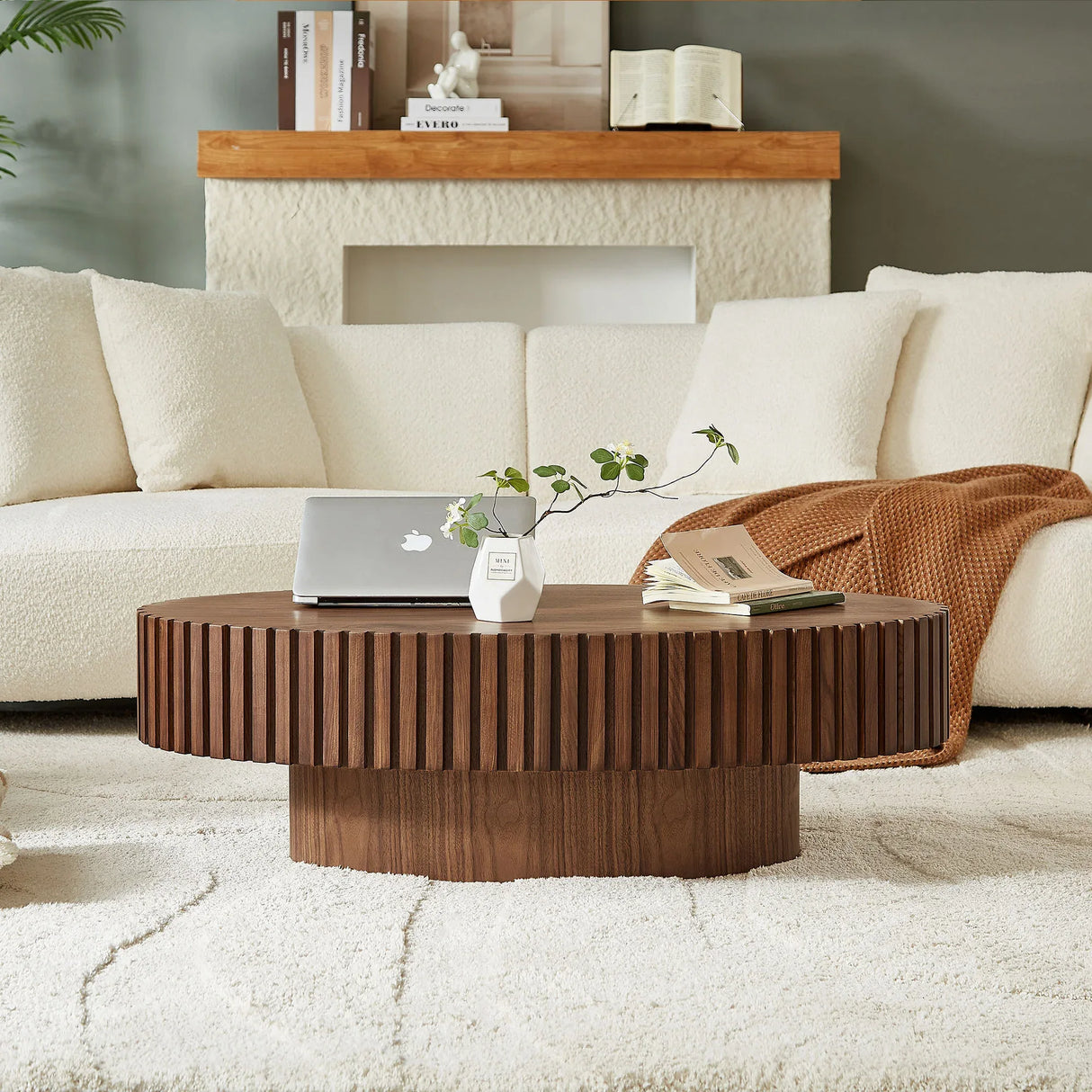 Modern Walnut MDF Pedestal Ellipse Coffee Table - Omega Lifestyles