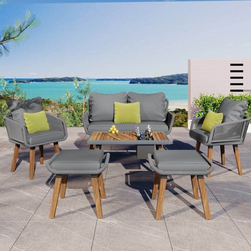 6-Piece Outdoor Woven Rope Patio Furniture Set With Bar Table - Sleep Galleria