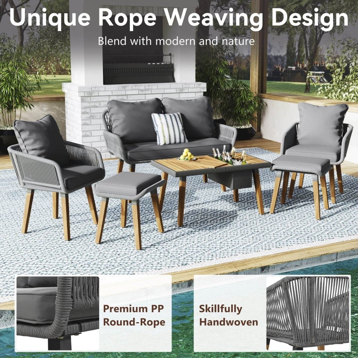 6-Piece Outdoor Woven Rope Patio Furniture Set With Bar Table - Sleep Galleria