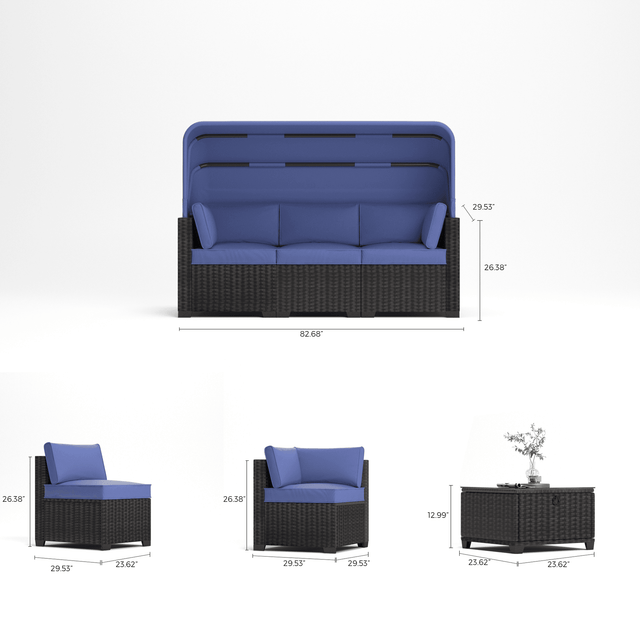 Outdoor Rattan Patio Sofa Set With Canopy And Ottoman - Omega Lifestyles