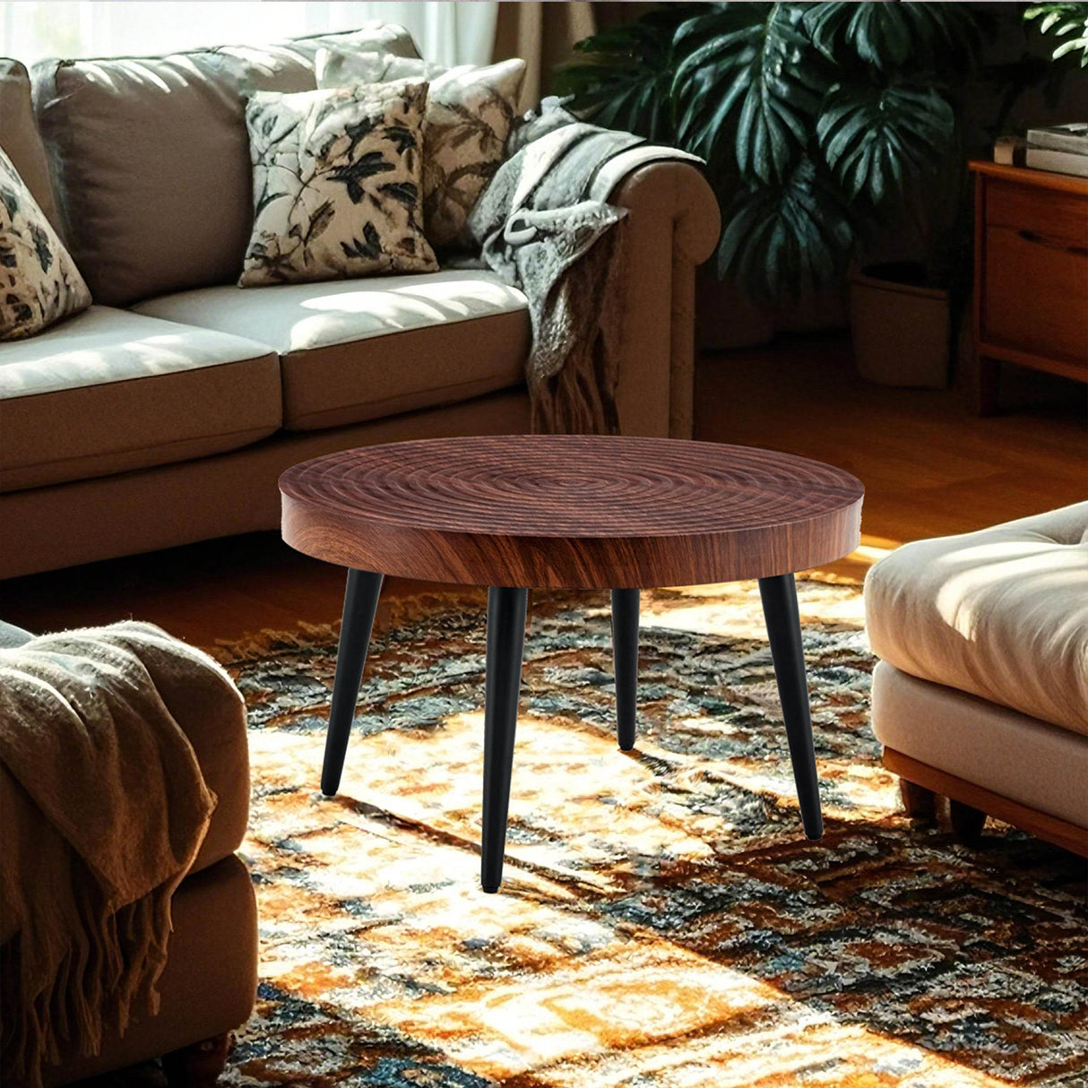 Modern Round MDF And Metal Walnut Coffee Table - Sleep Galleria
