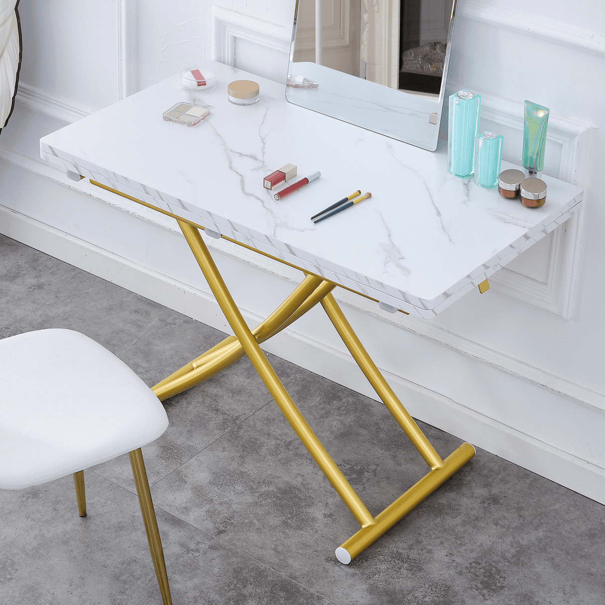 Multifunctional Adjustable Height White Gold Lift Table - Sleep Galleria