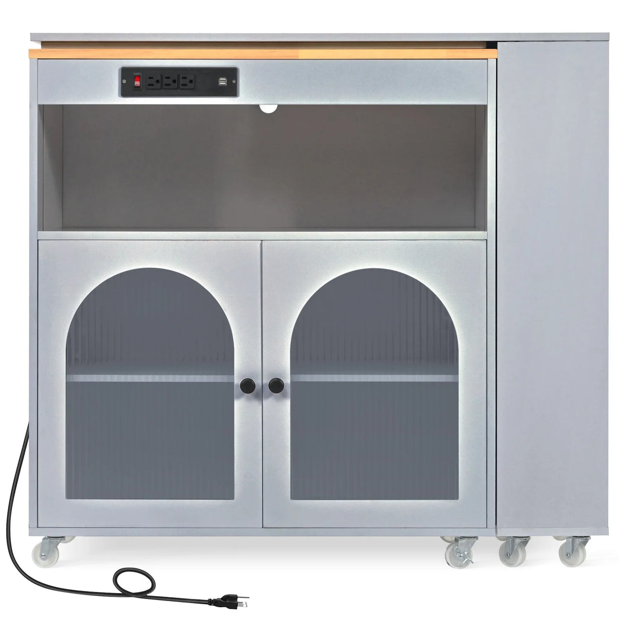 Rolling Kitchen Island With Extended Table Power Outlets LED Lights - Omega Lifestyles