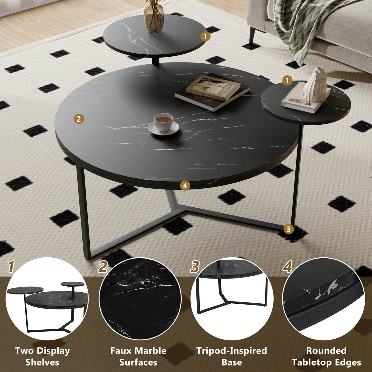 Modern Round Coffee Table With Faux Marble Shelves - Sleep Galleria