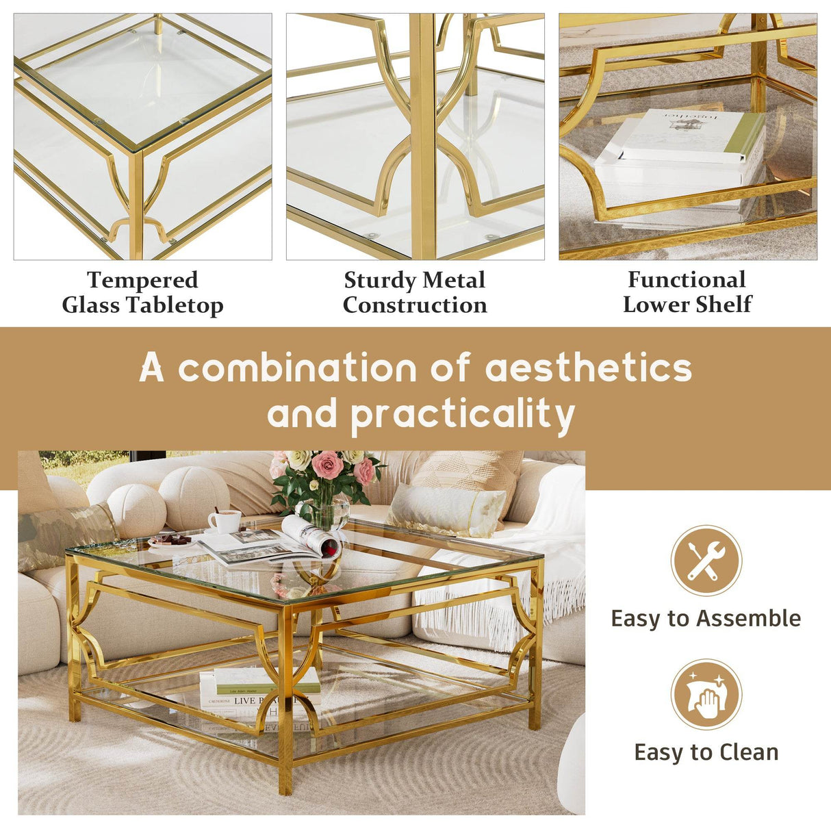 Square Tempered Glass Coffee Table With Gold Frame - Sleep Galleria