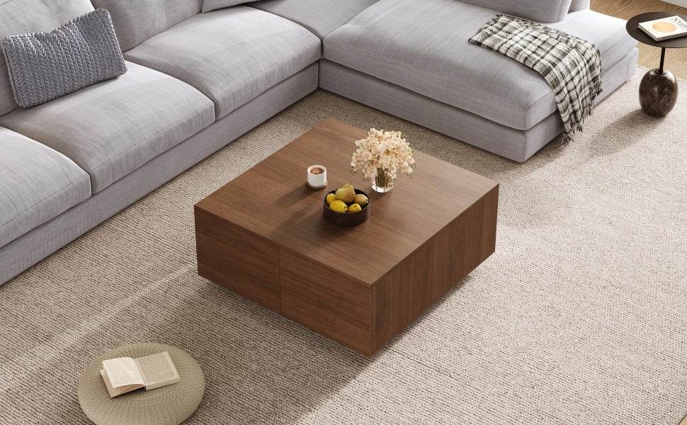 Modern Walnut Square Coffee Table With Four Drawers - Sleep Galleria