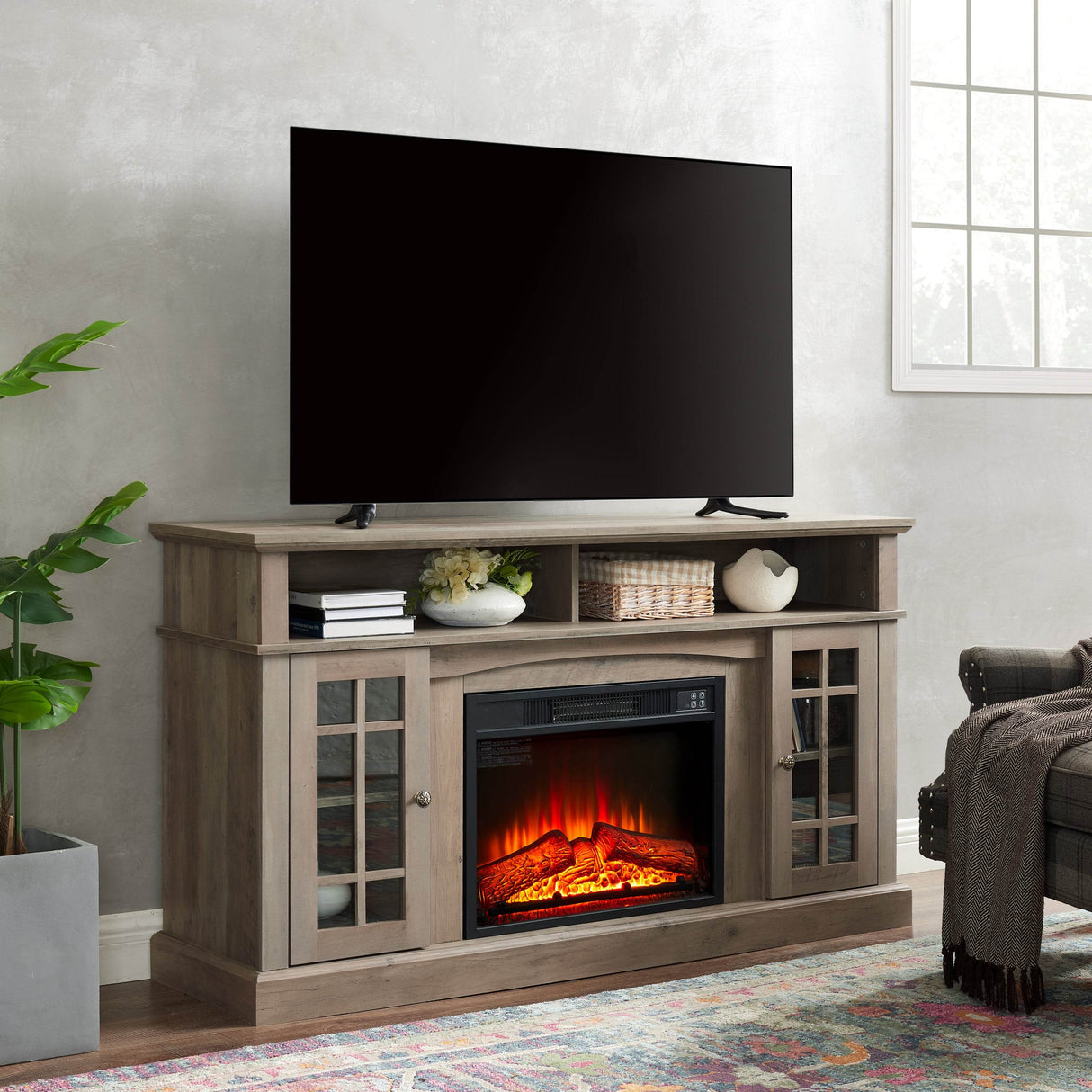 American Traditional Gray Wash Fireplace TV Stand Console - Sleep Galleria