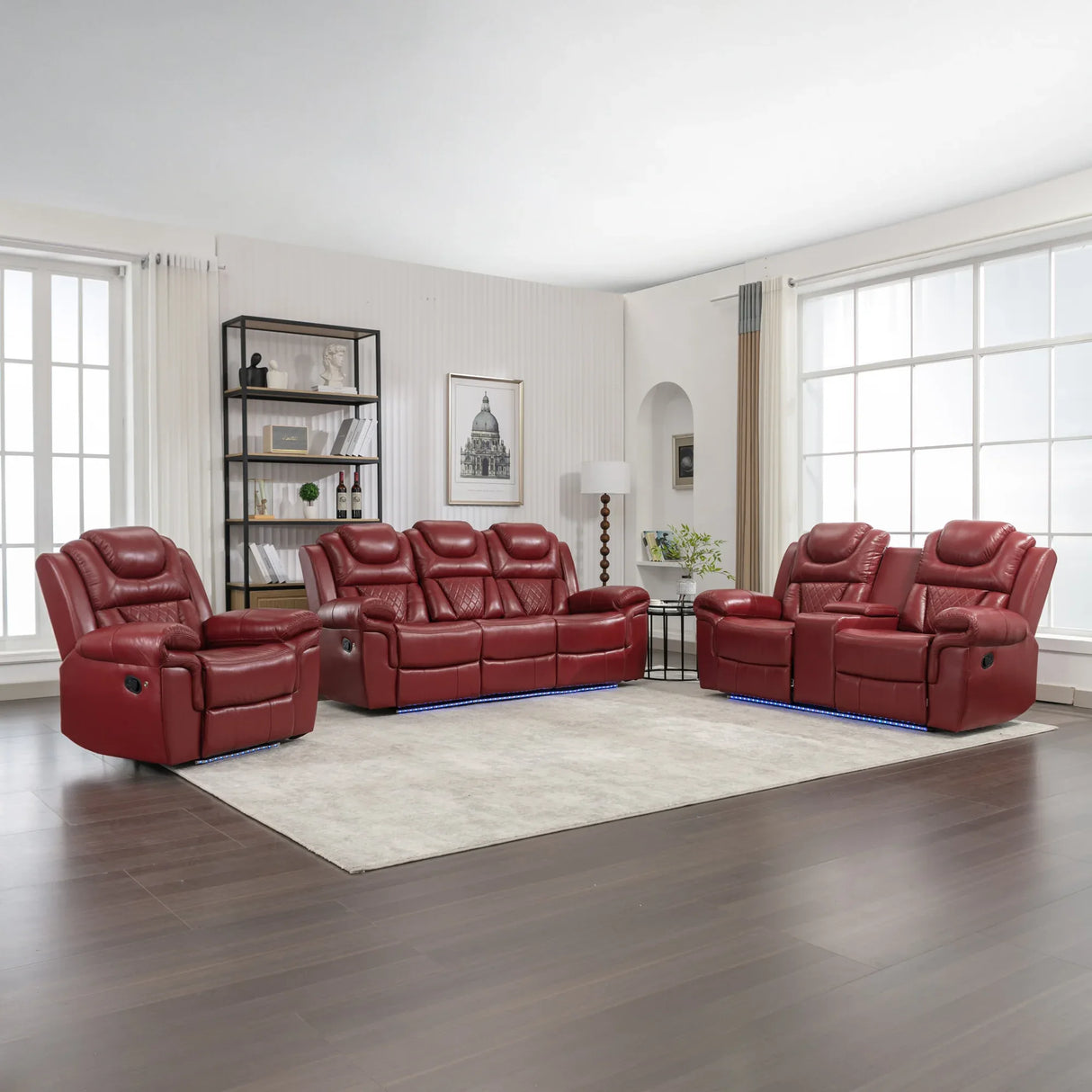 Wine Red Faux Leather Manual Recliner Sofa Set With LED Strip - Omega Lifestyles