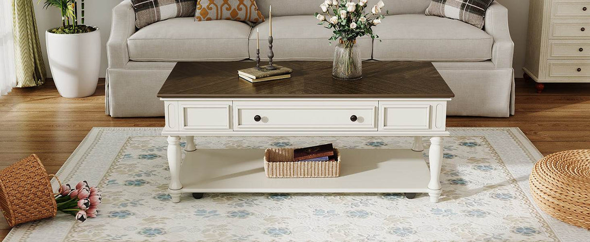 Mid-Century Farmhouse Coffee Table With Drawer Wheels - Sleep Galleria
