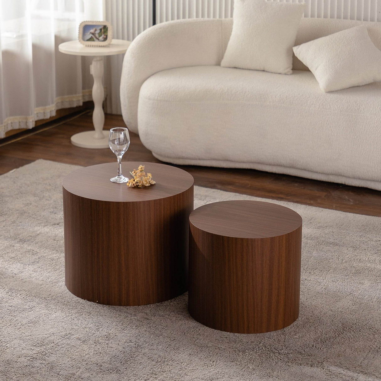 Set of 2 Modern Round Walnut Nesting Coffee Tables - Sleep Galleria