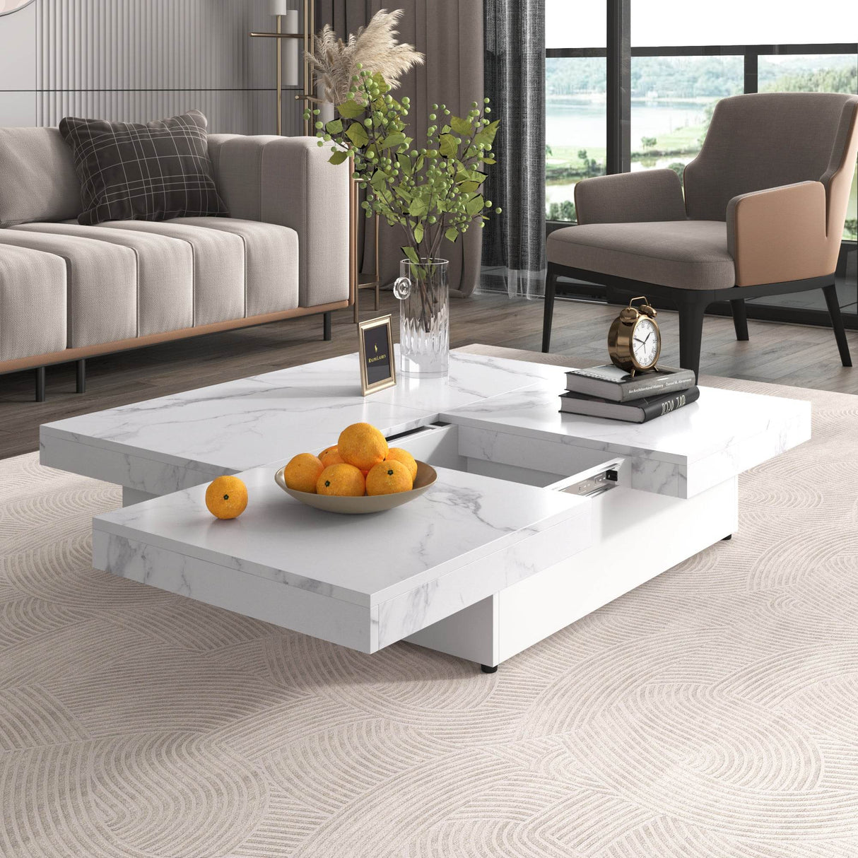 Square Marble Veneer Sliding Top Storage Coffee Table - Sleep Galleria