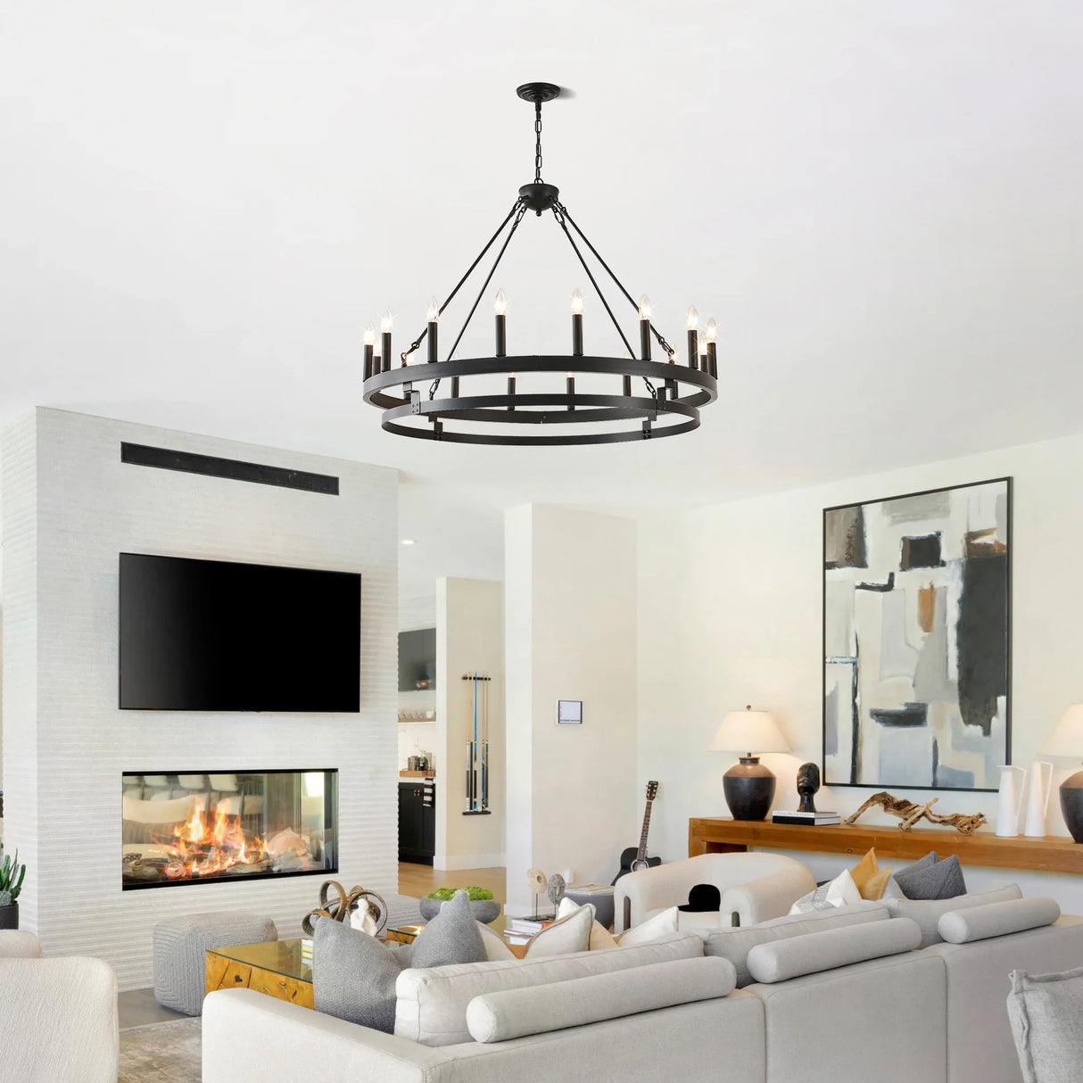 39-Inch 16-Light Matte Black Wagon Wheel Chandelier - Omega Lifestyles