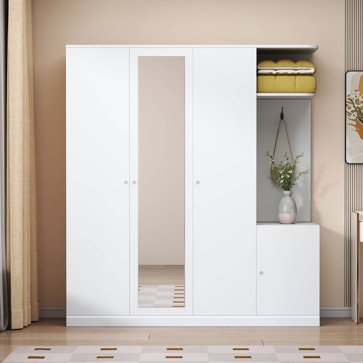4-Door Wardrobe With Drawer Full-Length Mirror