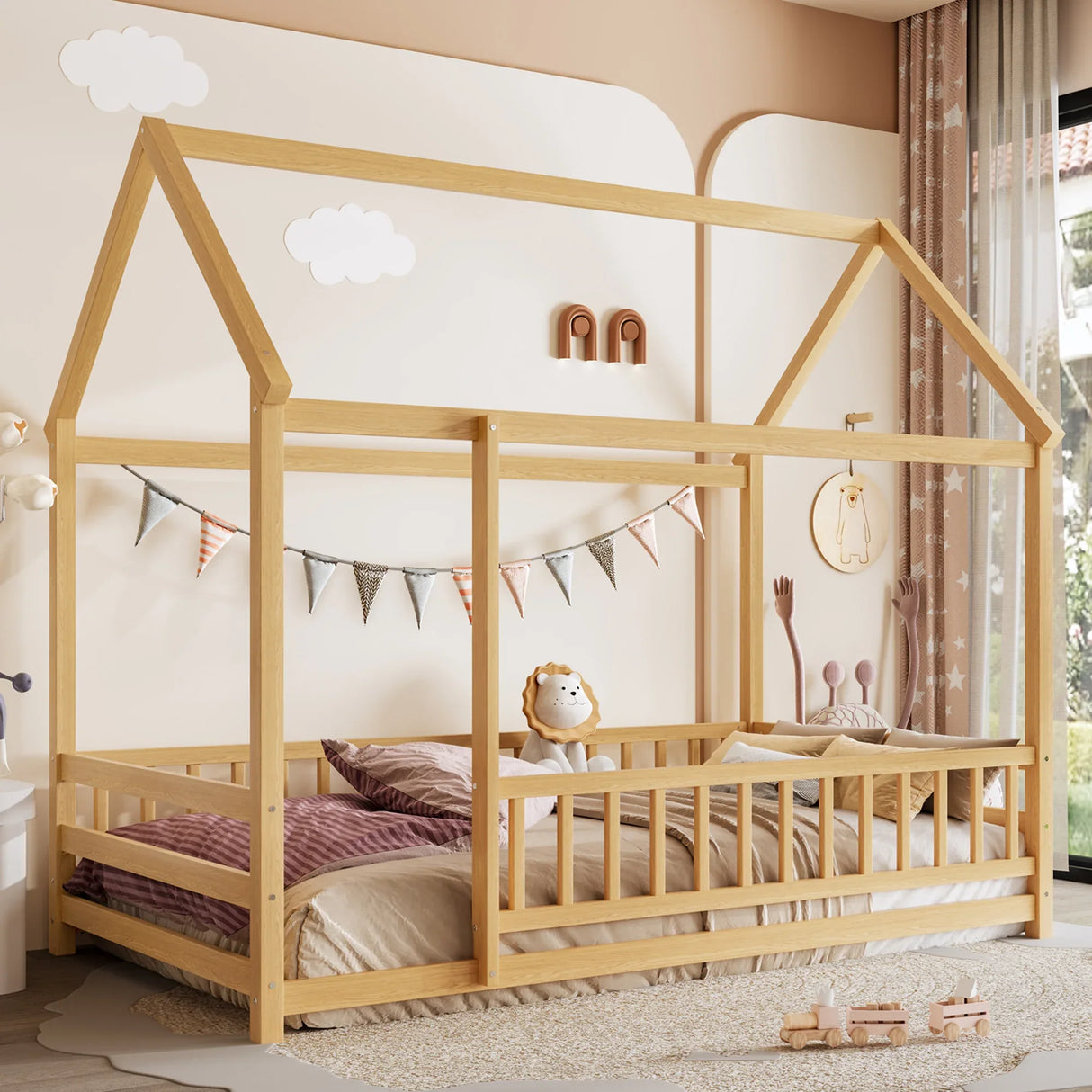 Twin Natural Pine Wood House Frame Floor Bed - Omega Lifestyles