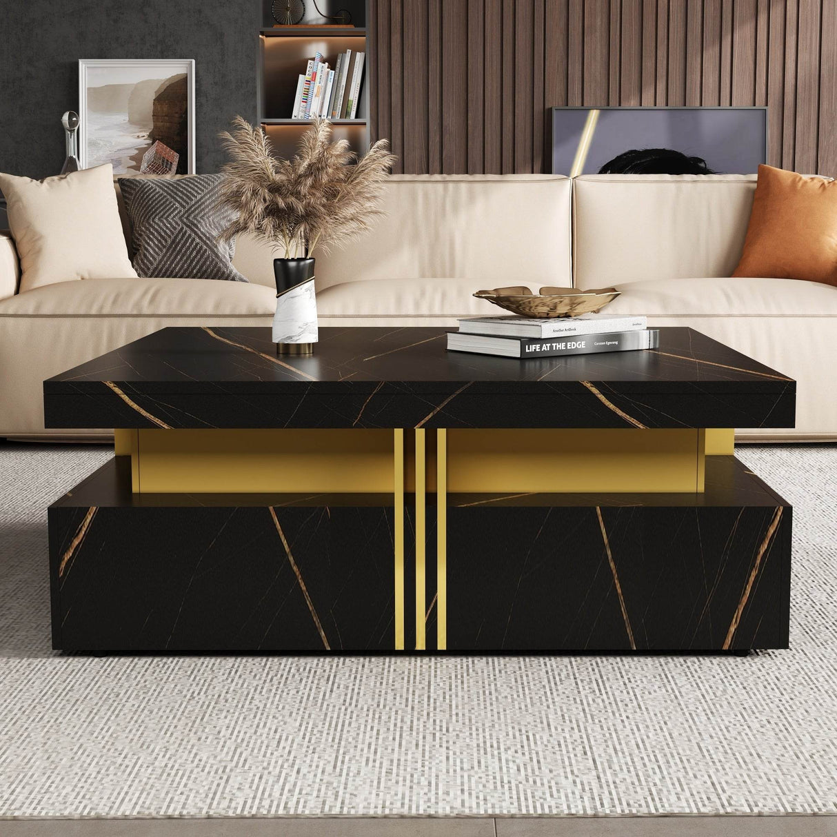 Modern Black Gold Accented Square Coffee Table With Storage - Sleep Galleria
