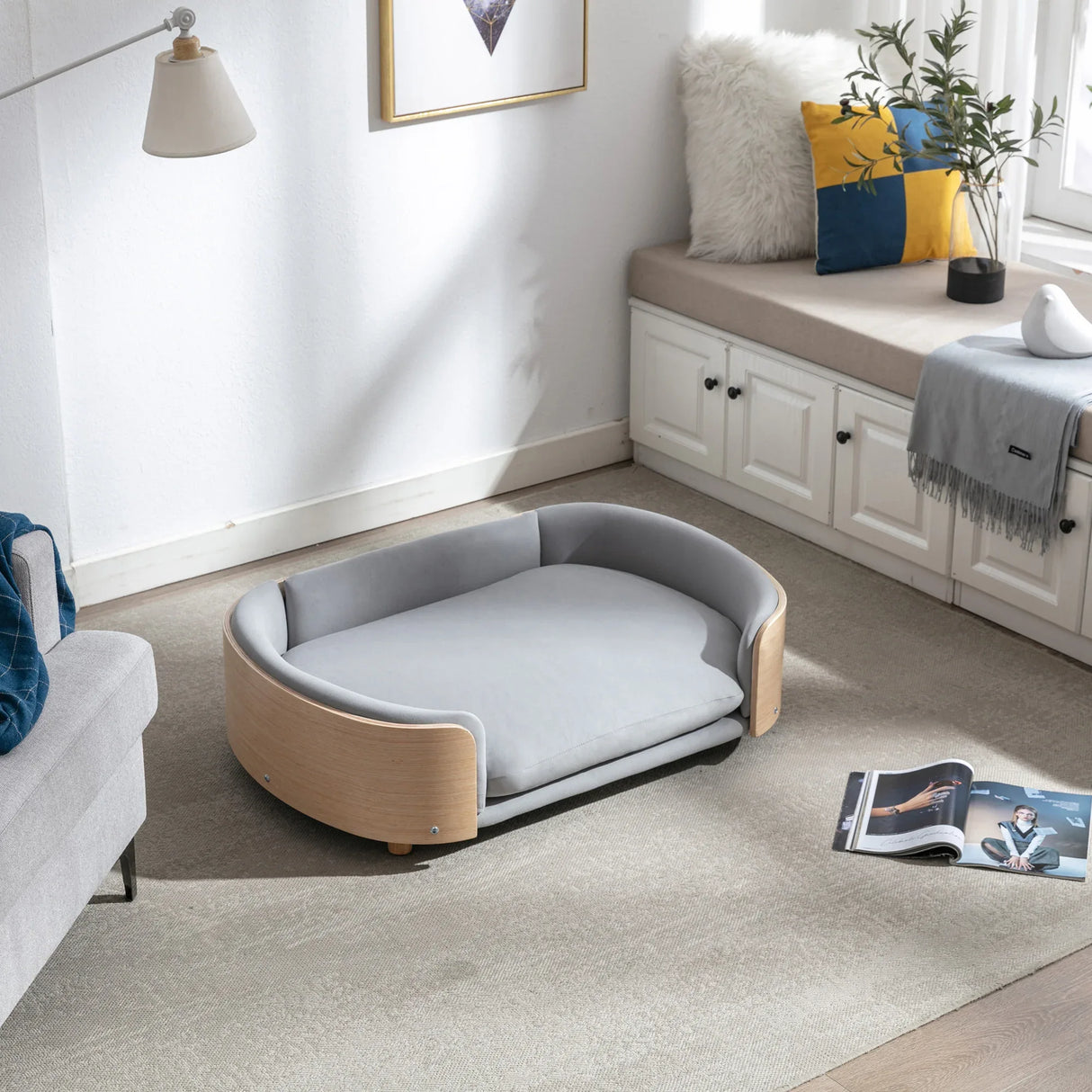 Scandinavian Solid Wood Elevated Pet Sofa Bed With Velvet Cushion - Omega Lifestyles