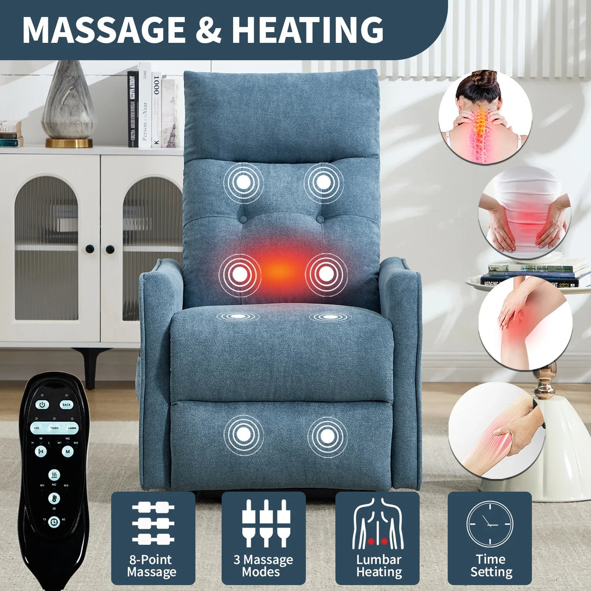 Blue Chenille Medium-Firm Power Lift Massage Recliner Chair - Omega Lifestyles