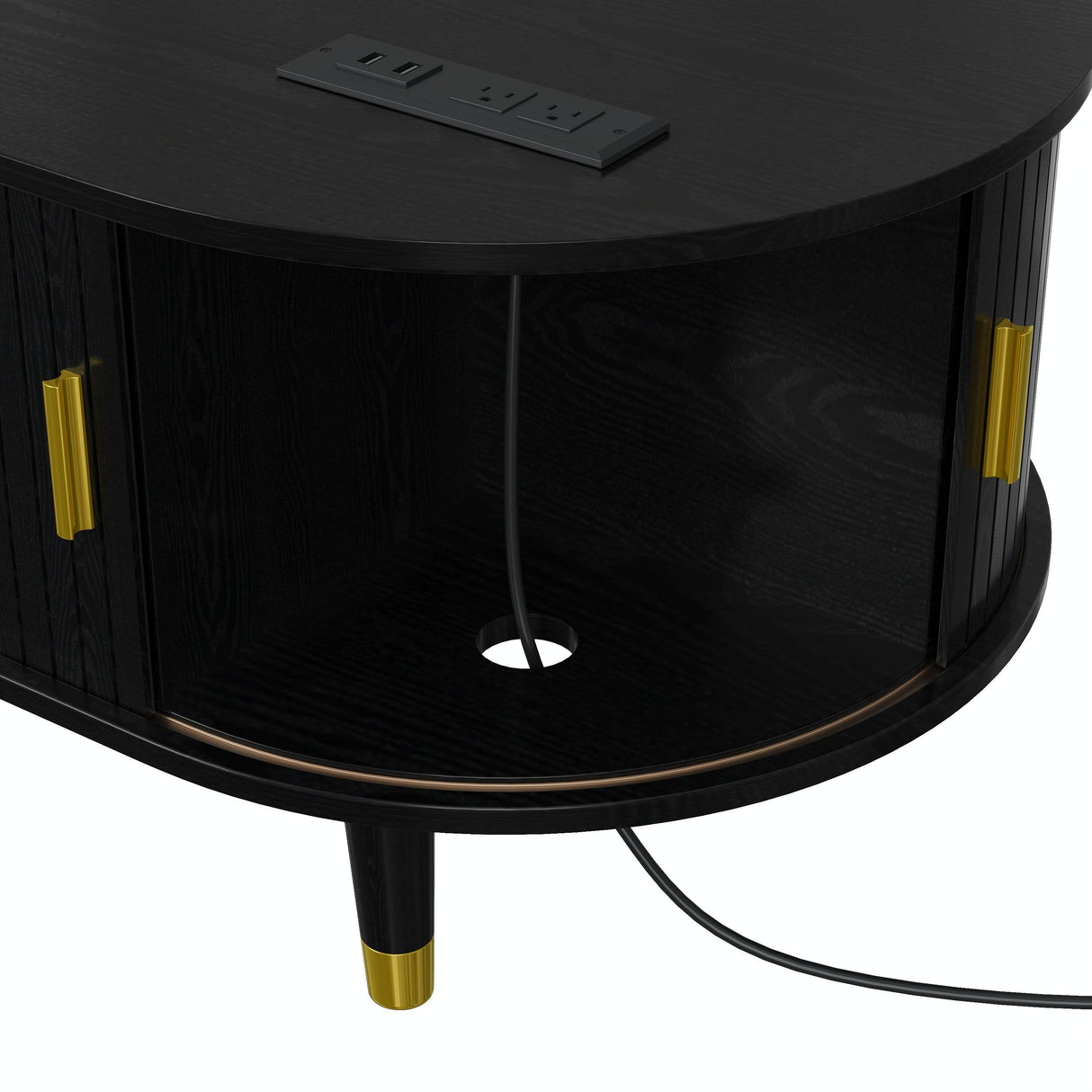 Mid-Century Modern Black Fluted Coffee Table With Charging Station - Sleep Galleria